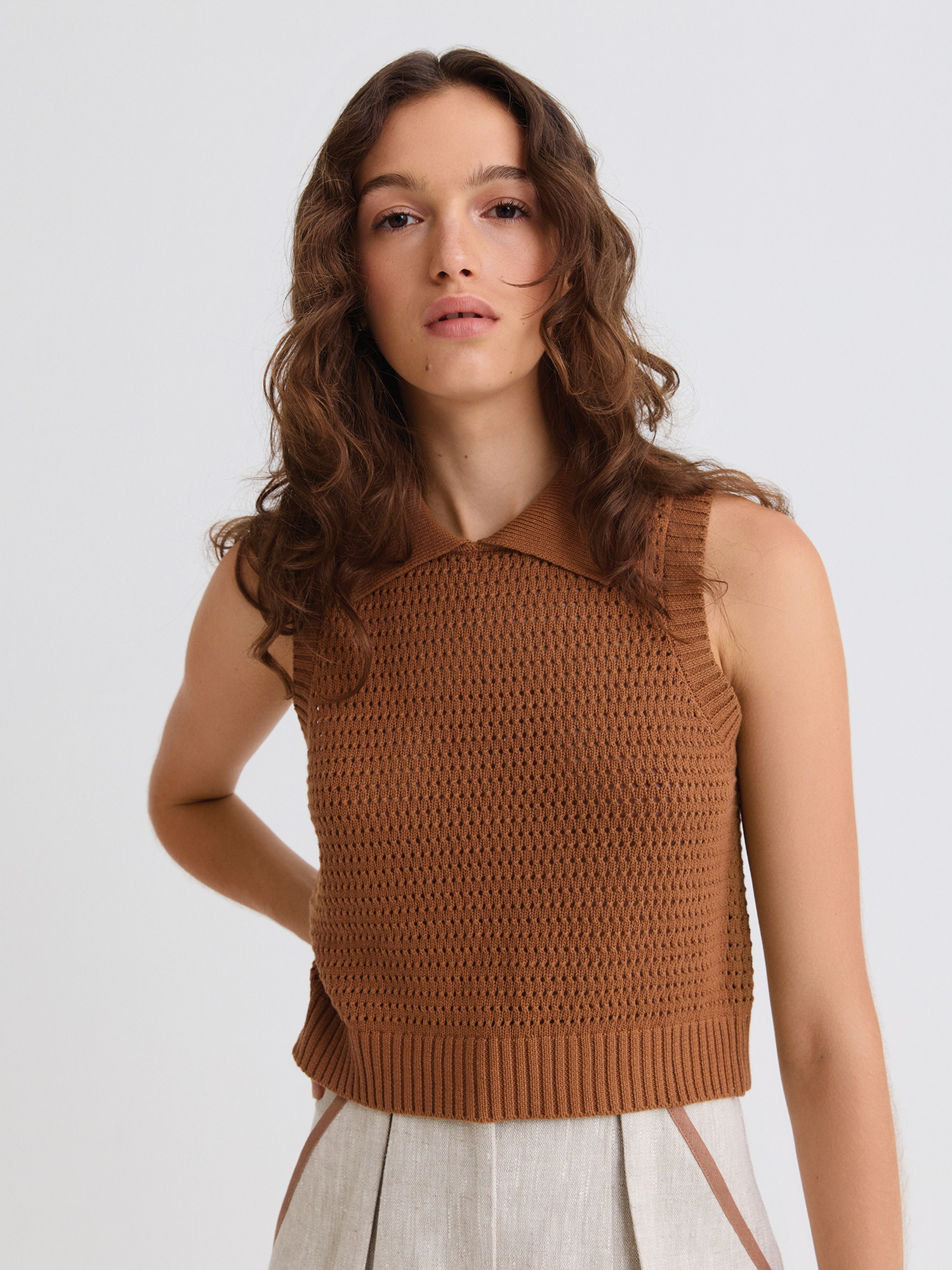 SAPEur® MESH BASKET TANKTOP ブラウンレオパード M Cable Mesh Mocha Collared Tank Top – Matthew Bruch