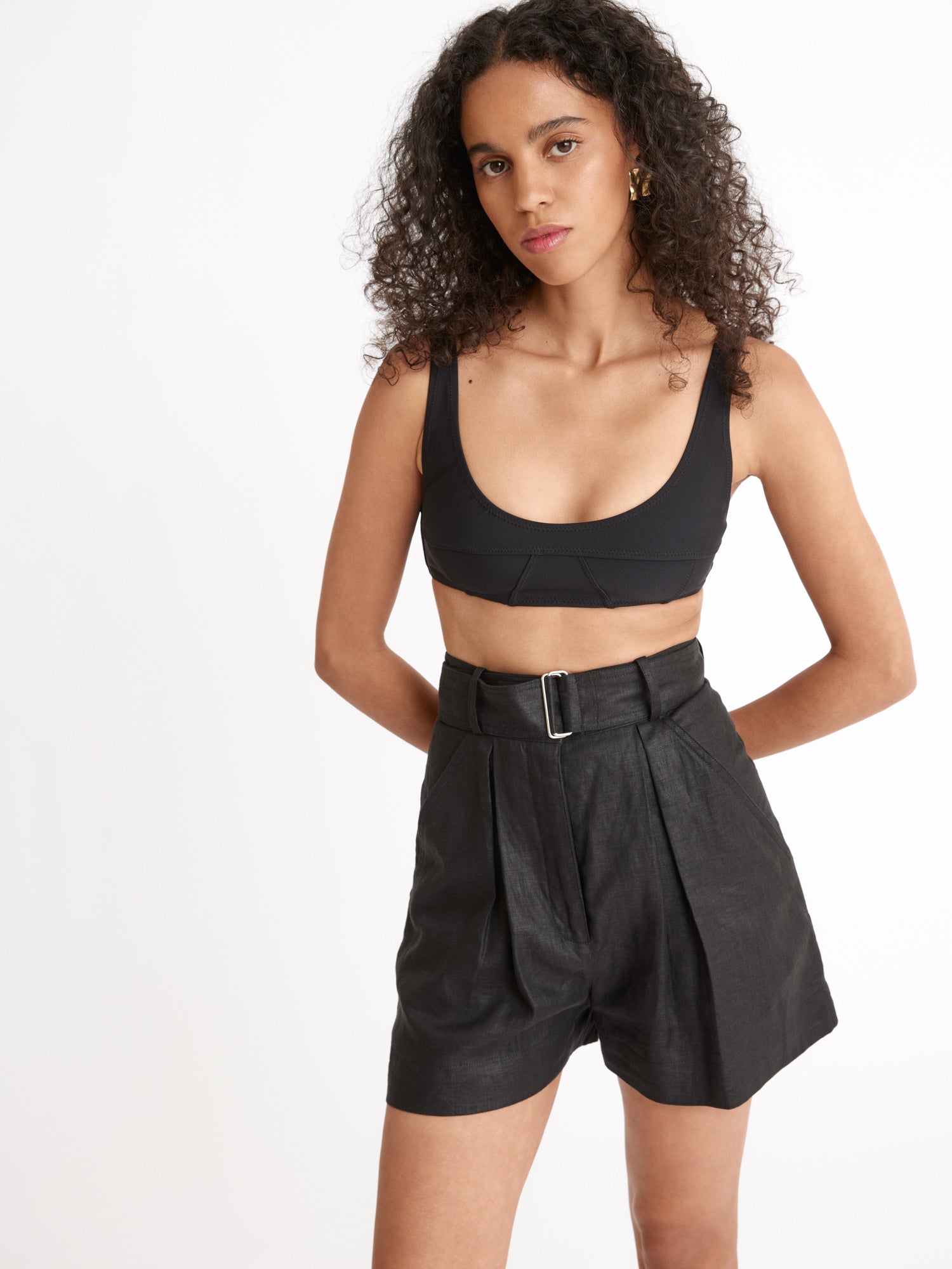 Frankfort-Black. Black high-waisted linen shorts with bow tie