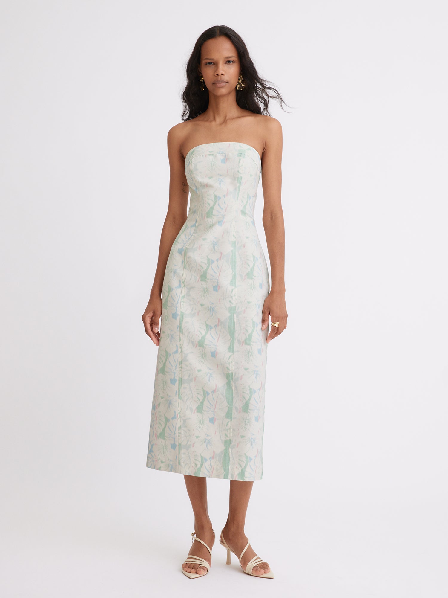 Strapless Tropical Printed Denim Midi Dress