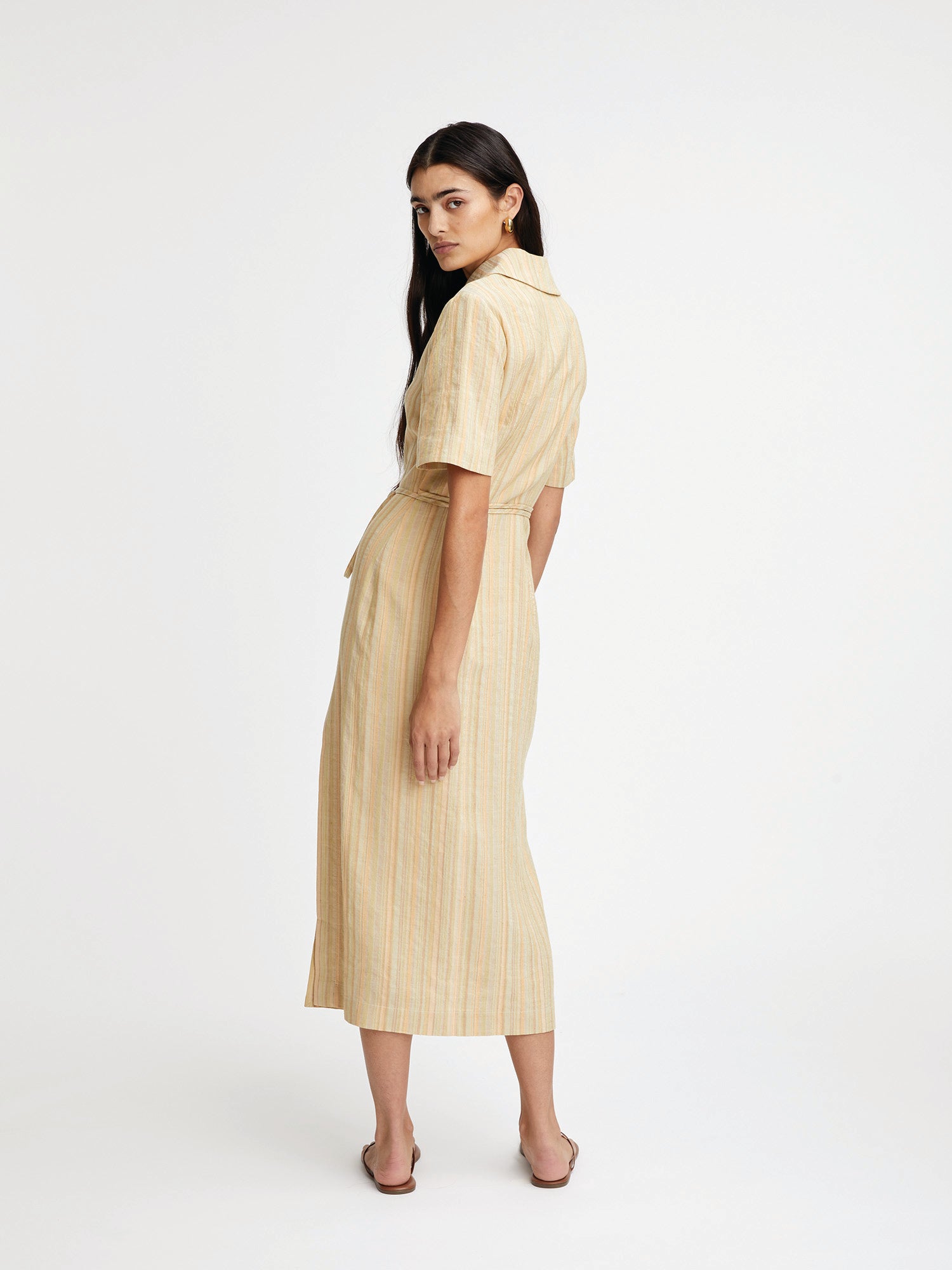 Button Up Avocado Stripe Midi Shirt Dress