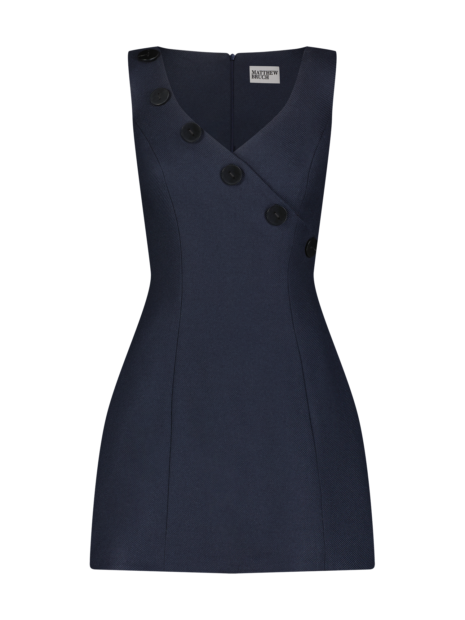 V-Neck Wrap Button Navy Wool Twill Dress