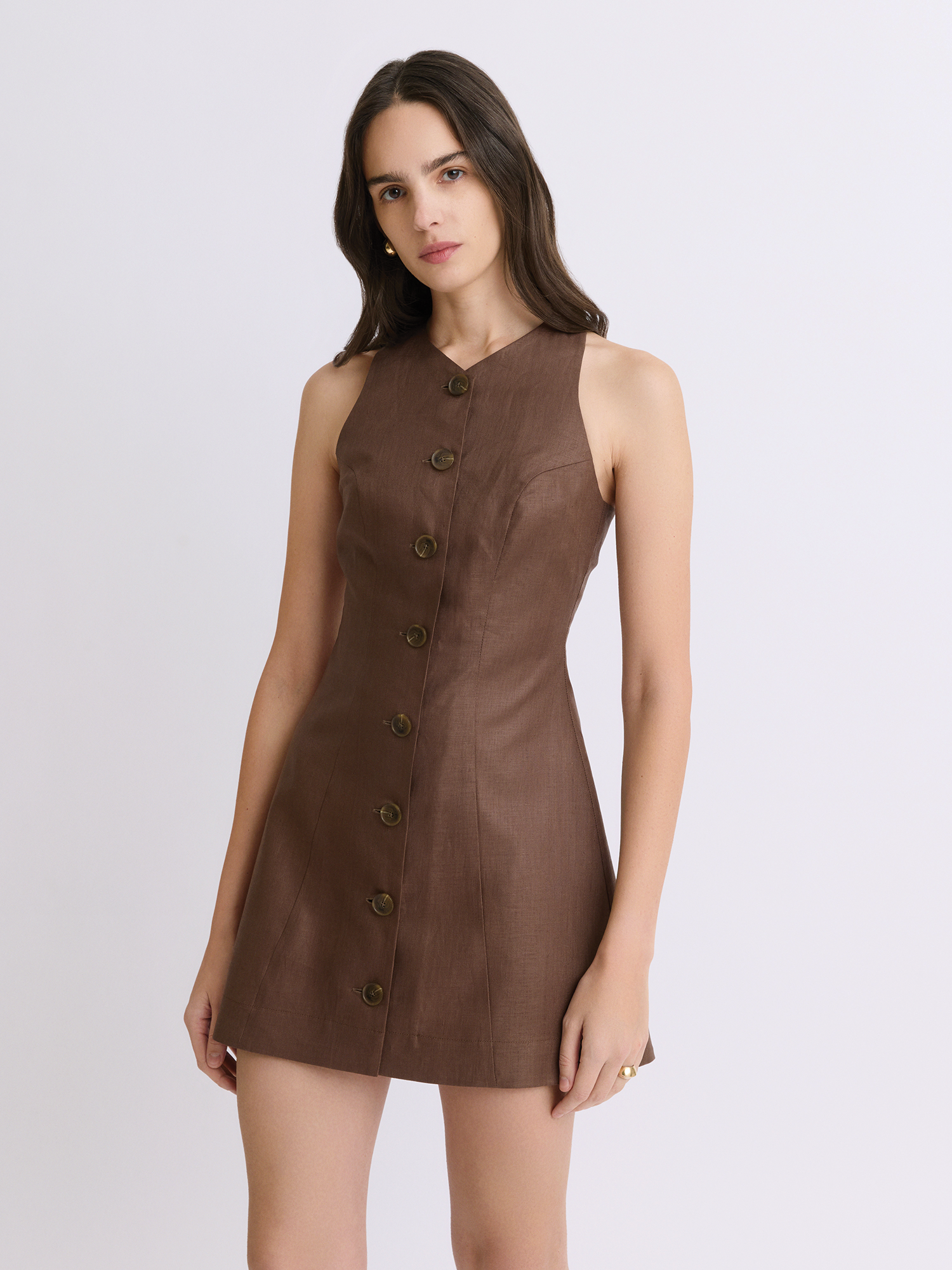 brown linen mini dress Brown Mate Pleats Front Ties Sleeveless Linen Mini Dress