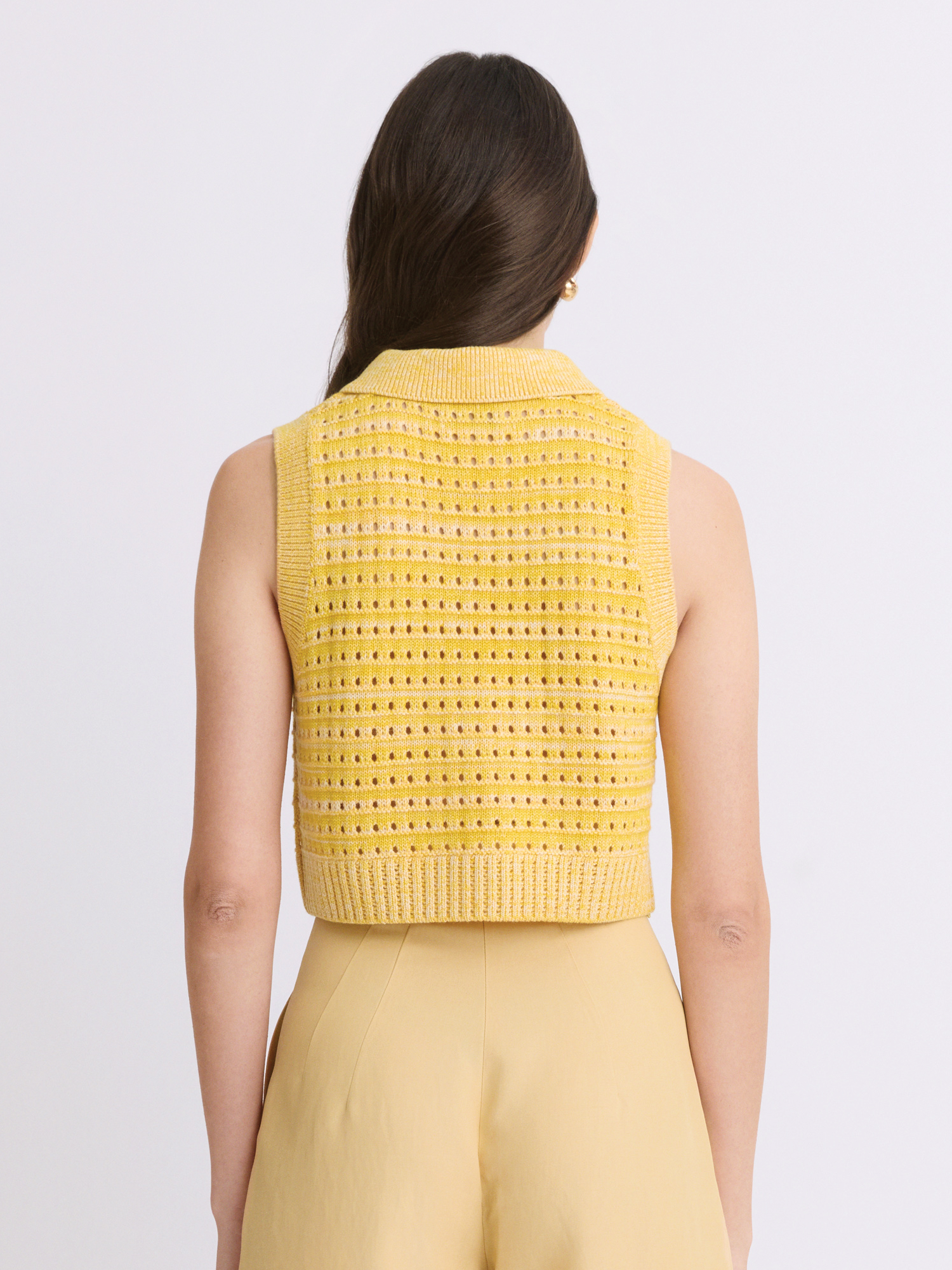 Pale Yellow Knit Mesh Collared Tank Top