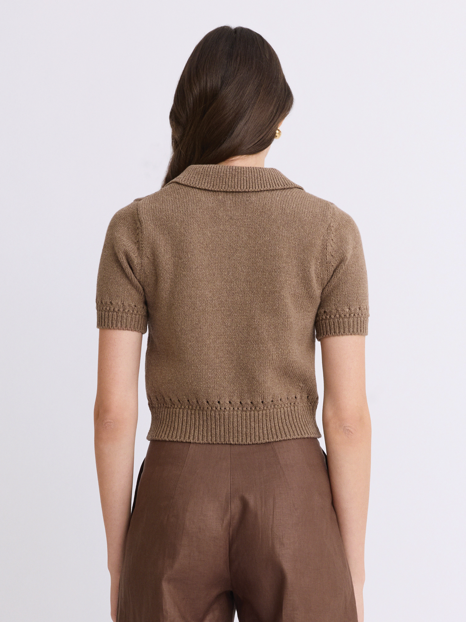 Eyelet Trim Brown Polo Top