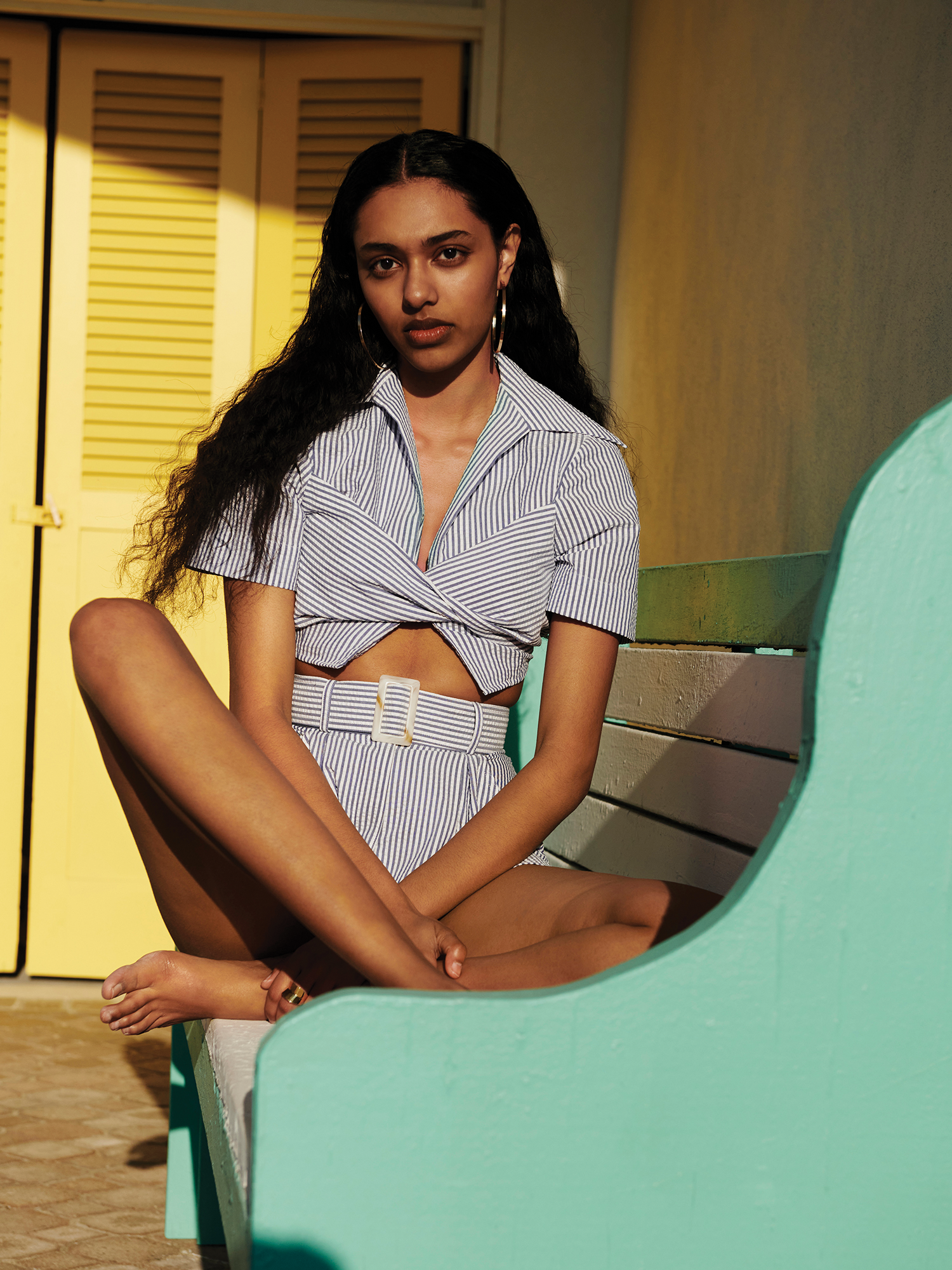 Collared Twist Navy Seersucker Crop Top