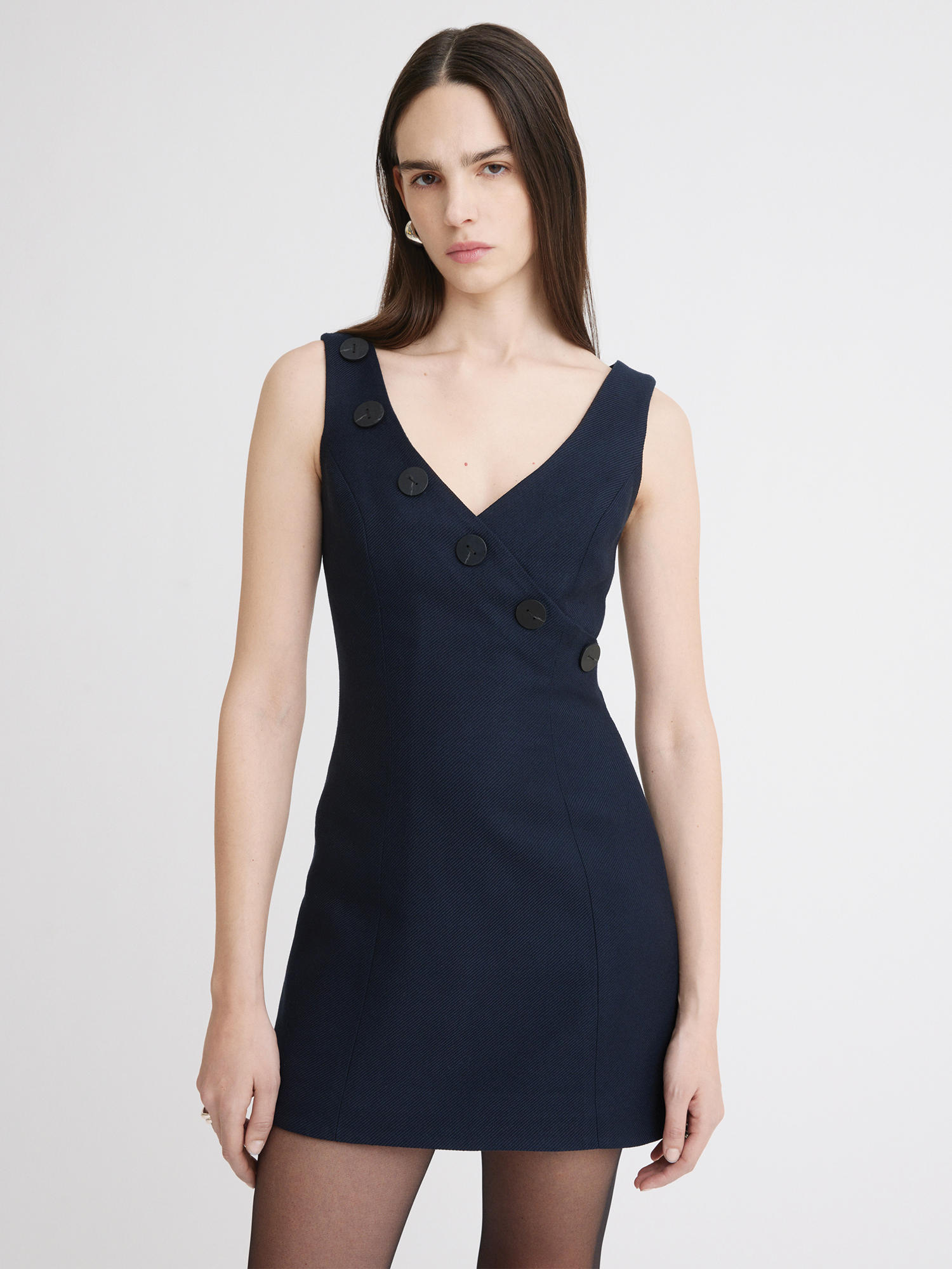 V-Neck Wrap Button Navy Wool Twill Dress