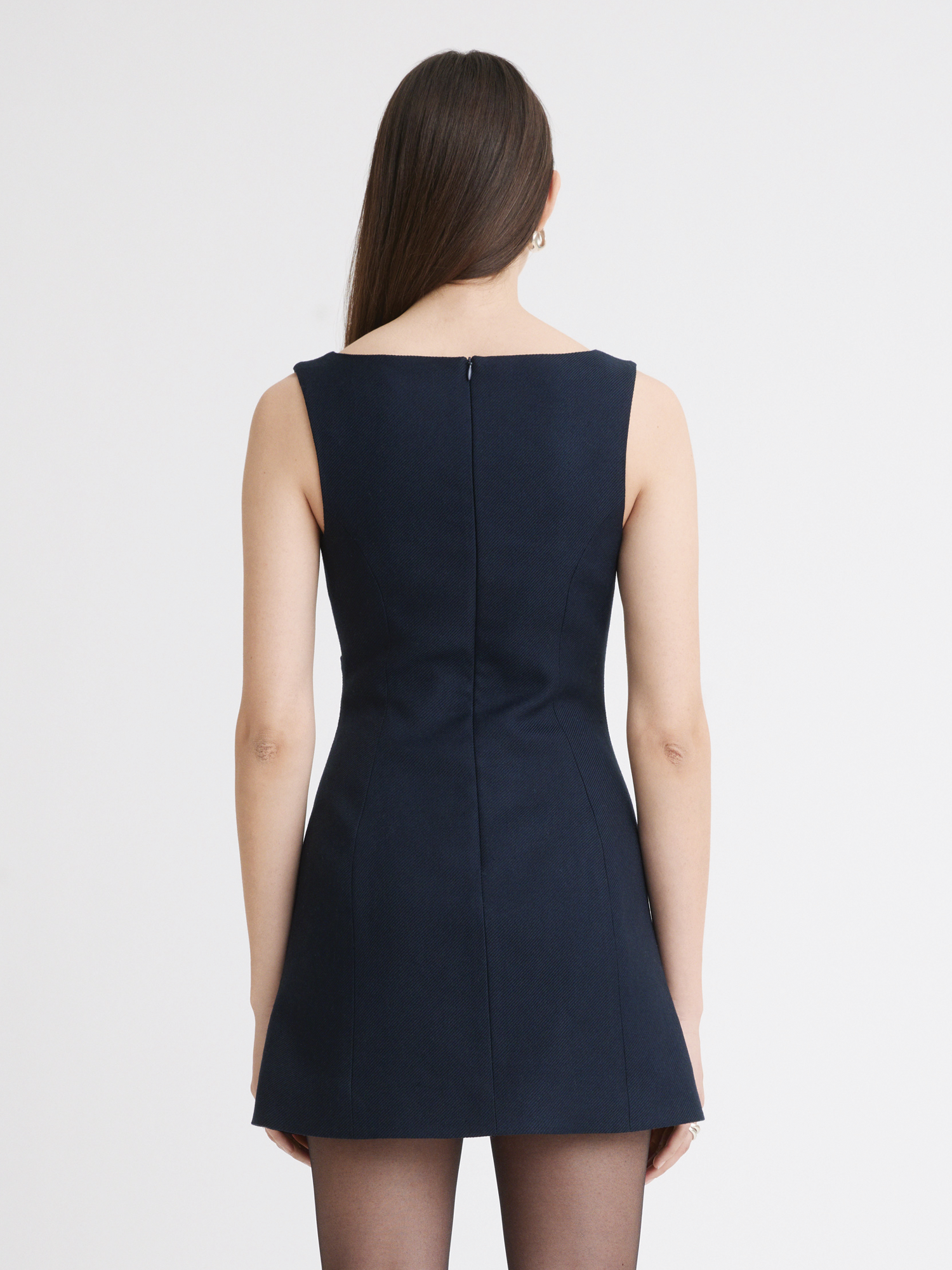 V-Neck Wrap Button Navy Wool Twill Dress