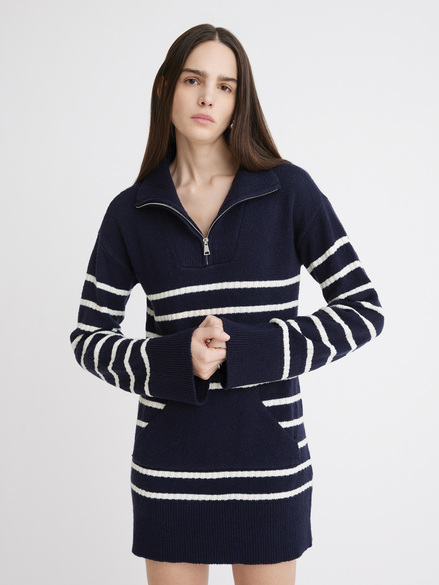 Quarter Zip Navy Striped Knit Pull Over Dress