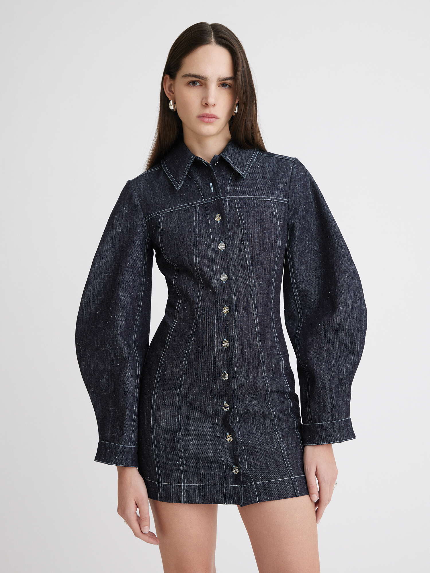 Seamed Leg of Mutton Sleeve Raw Denim Mini Dress