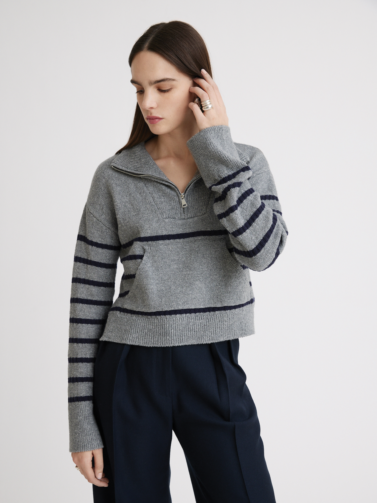 Quarter Zip Charcoal Striped Knit Pull Over