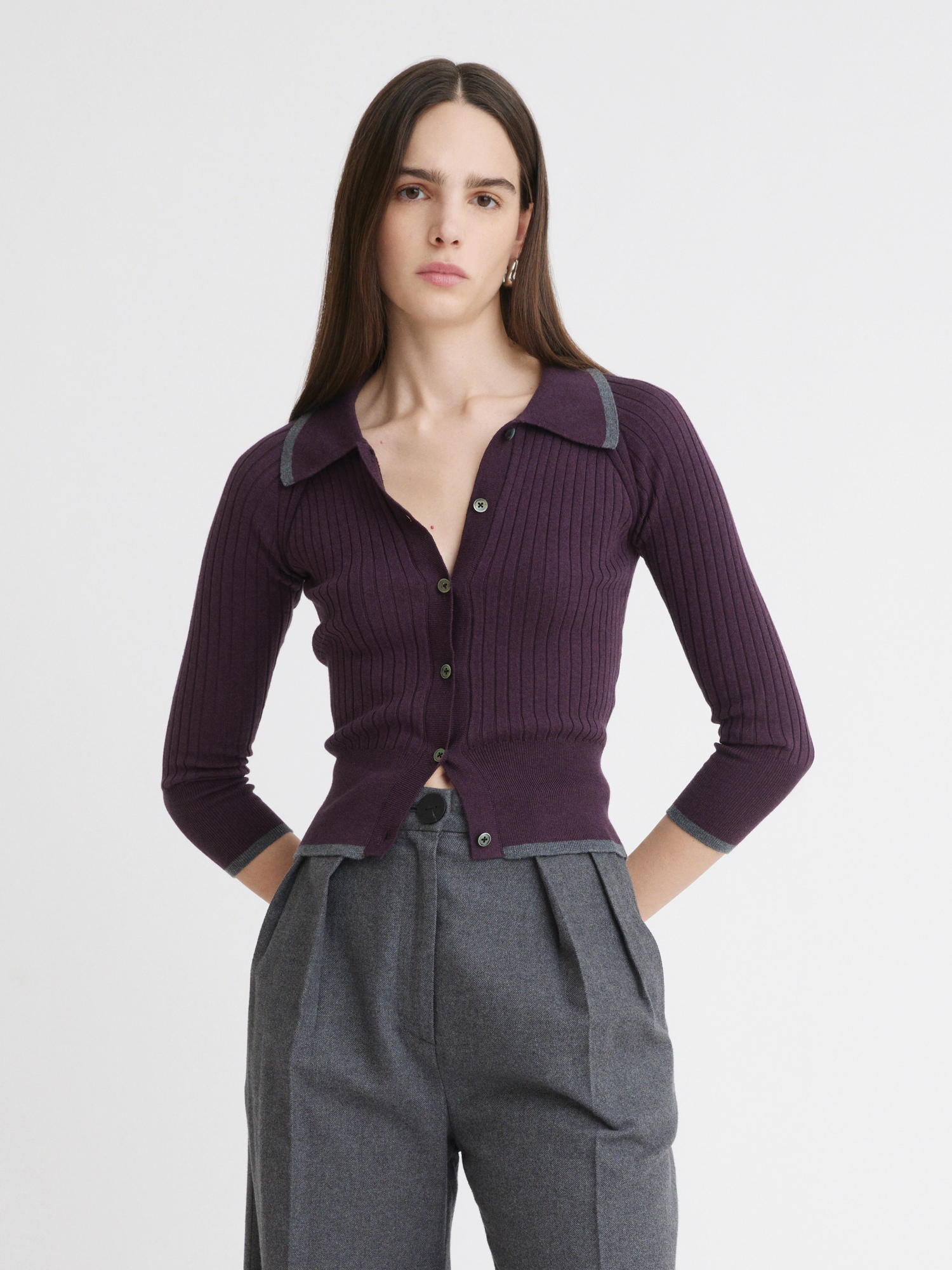 Rib Knit Eggplant Cropped Cardigan