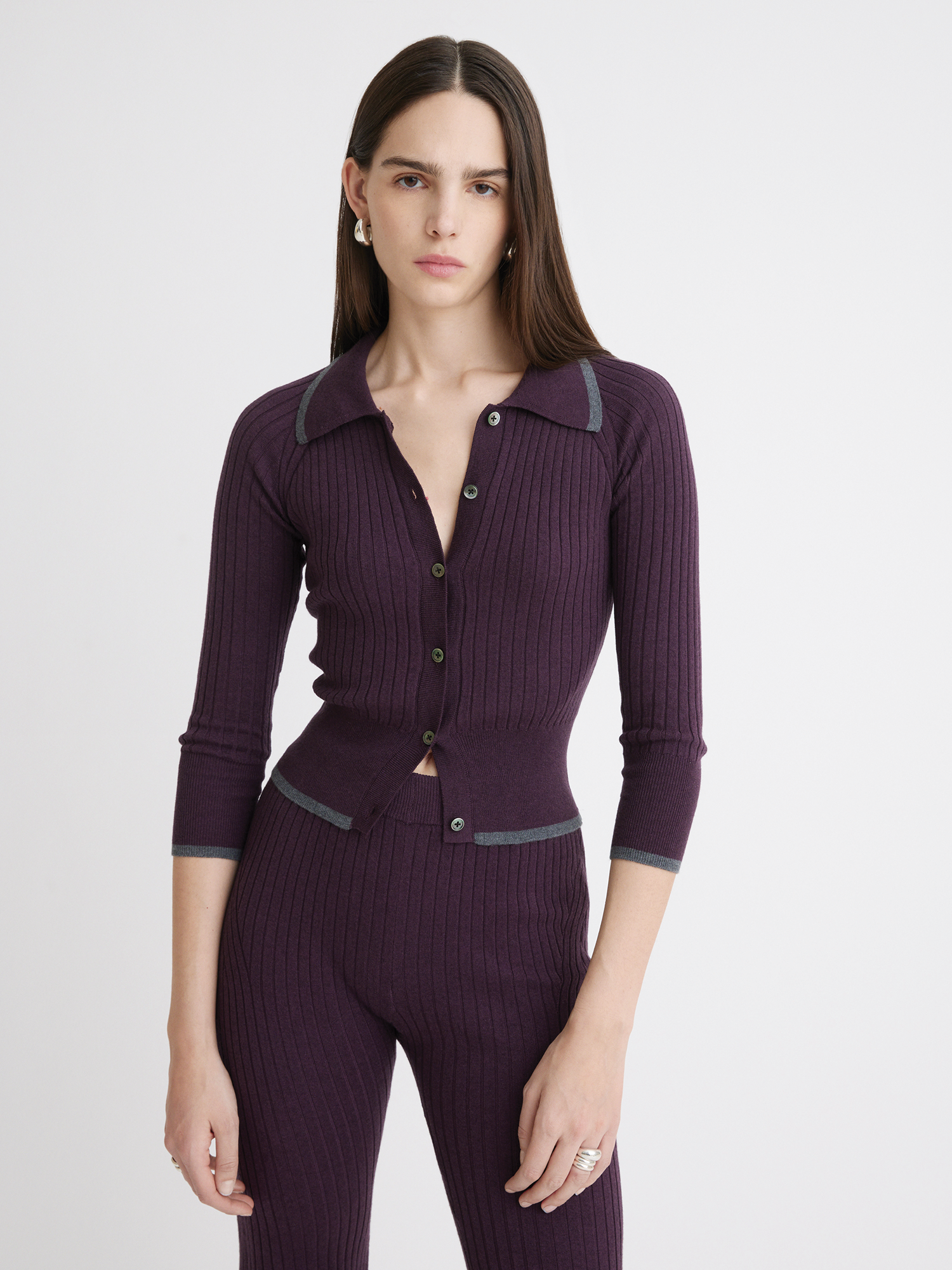 Rib Knit Eggplant Cropped Cardigan