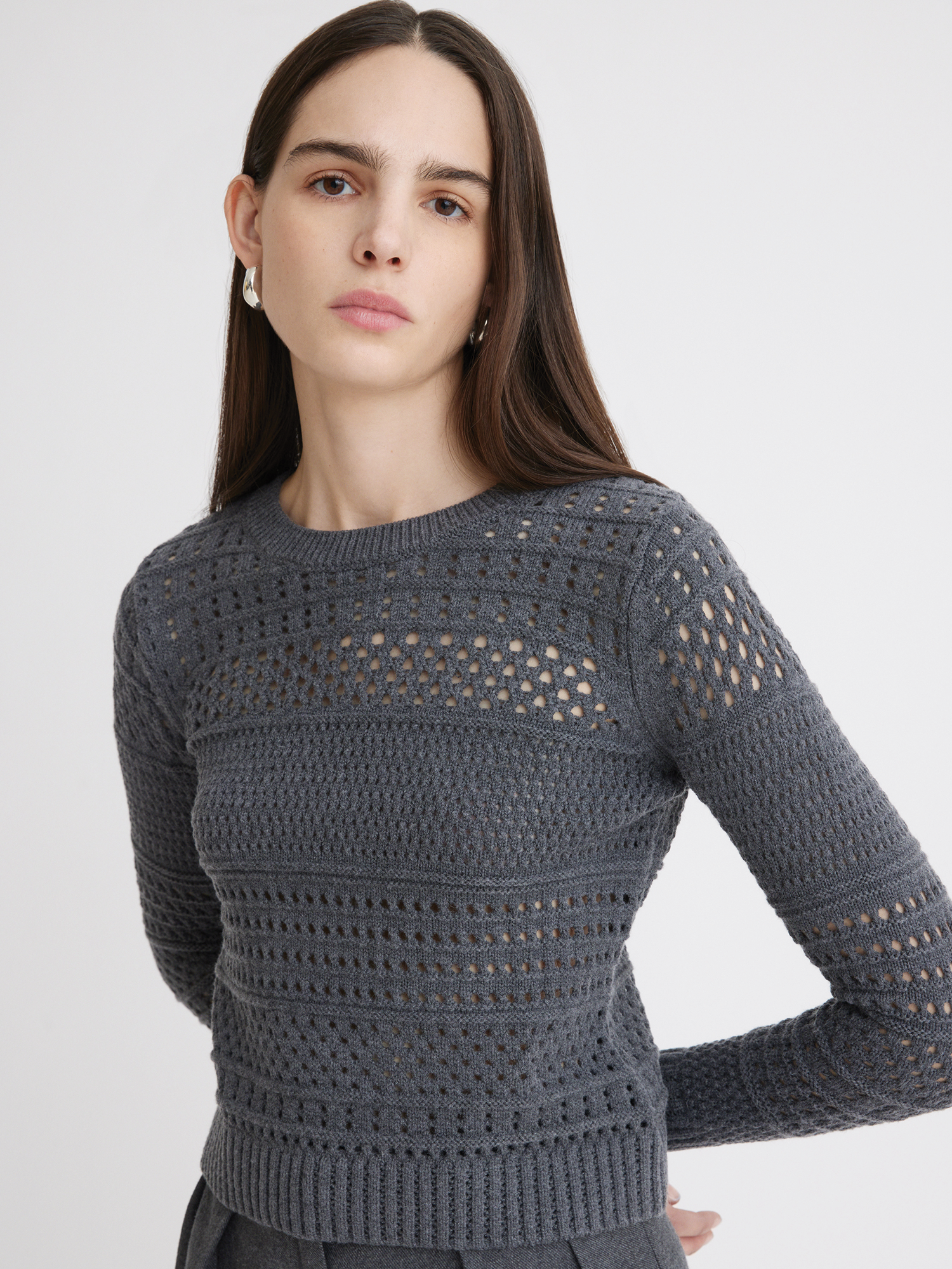 Variegated Knit Mesh Charcoal Crew Neck Sweater