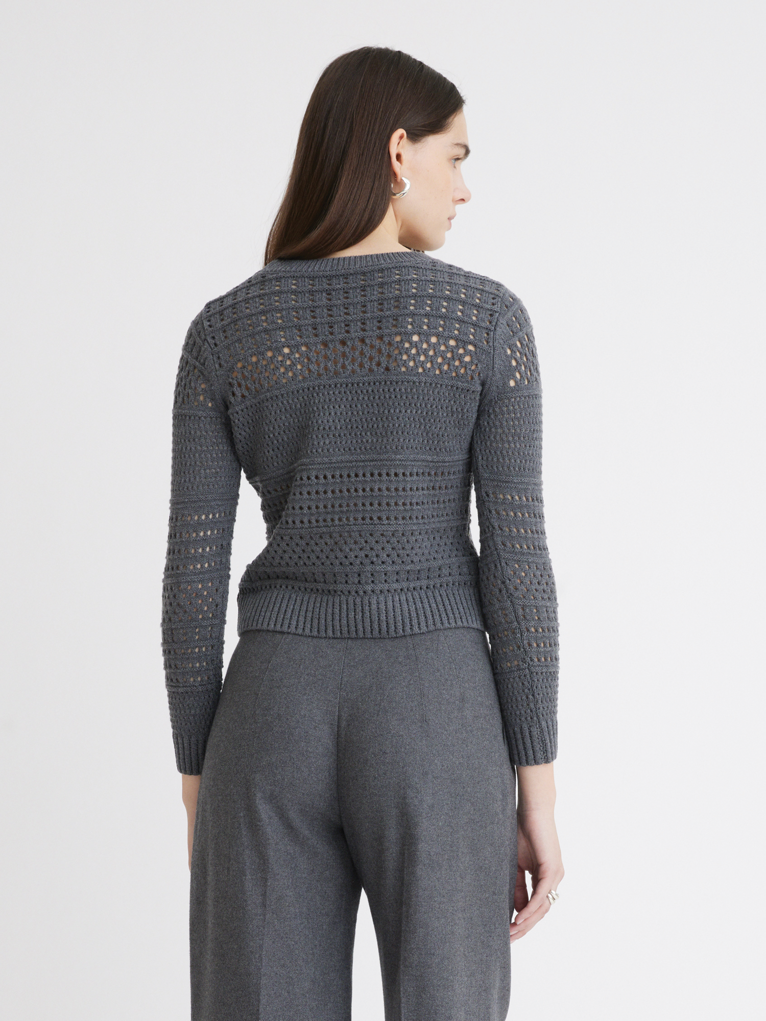 Variegated Knit Mesh Charcoal Crew Neck Sweater