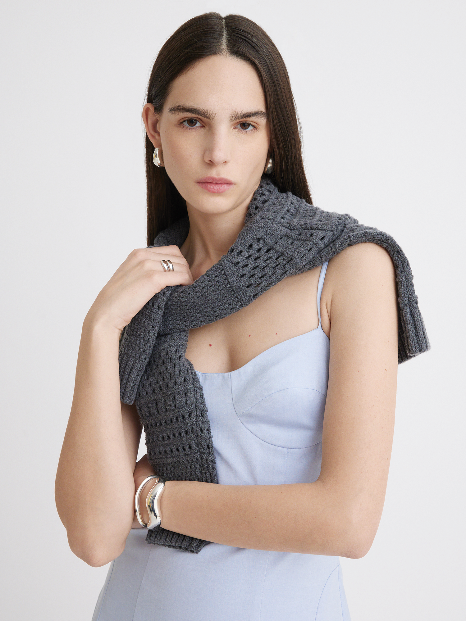 Variegated Knit Mesh Charcoal Crew Neck Sweater