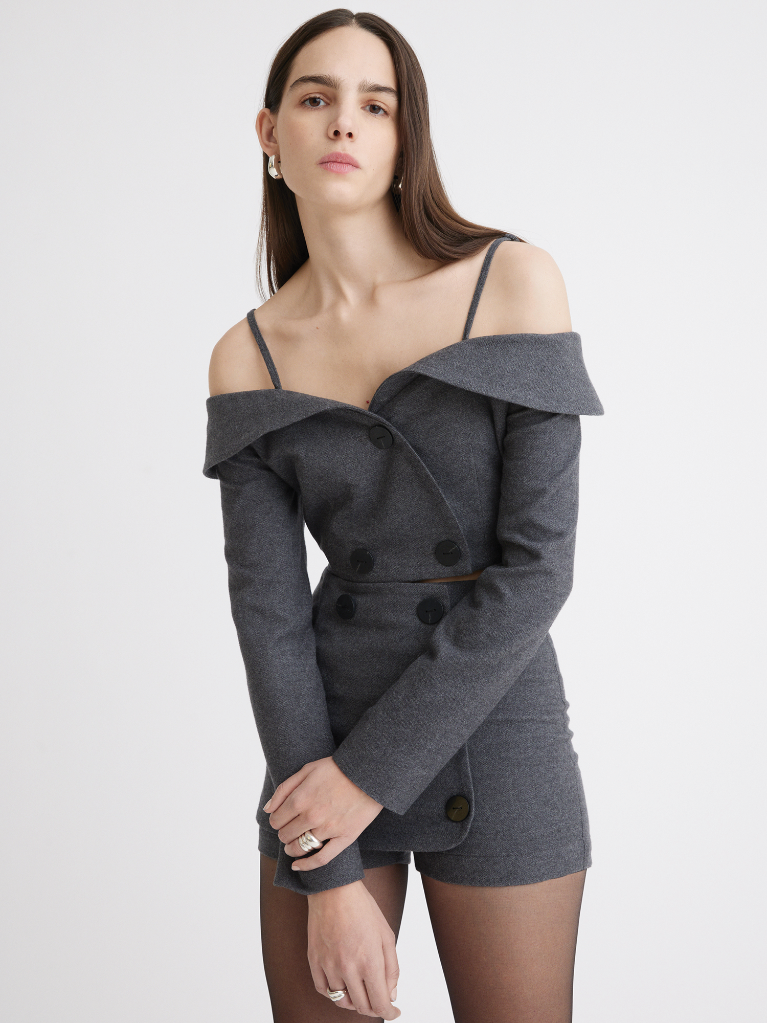 Off Shoulder Double-Breasted Charcoal Flannel Top