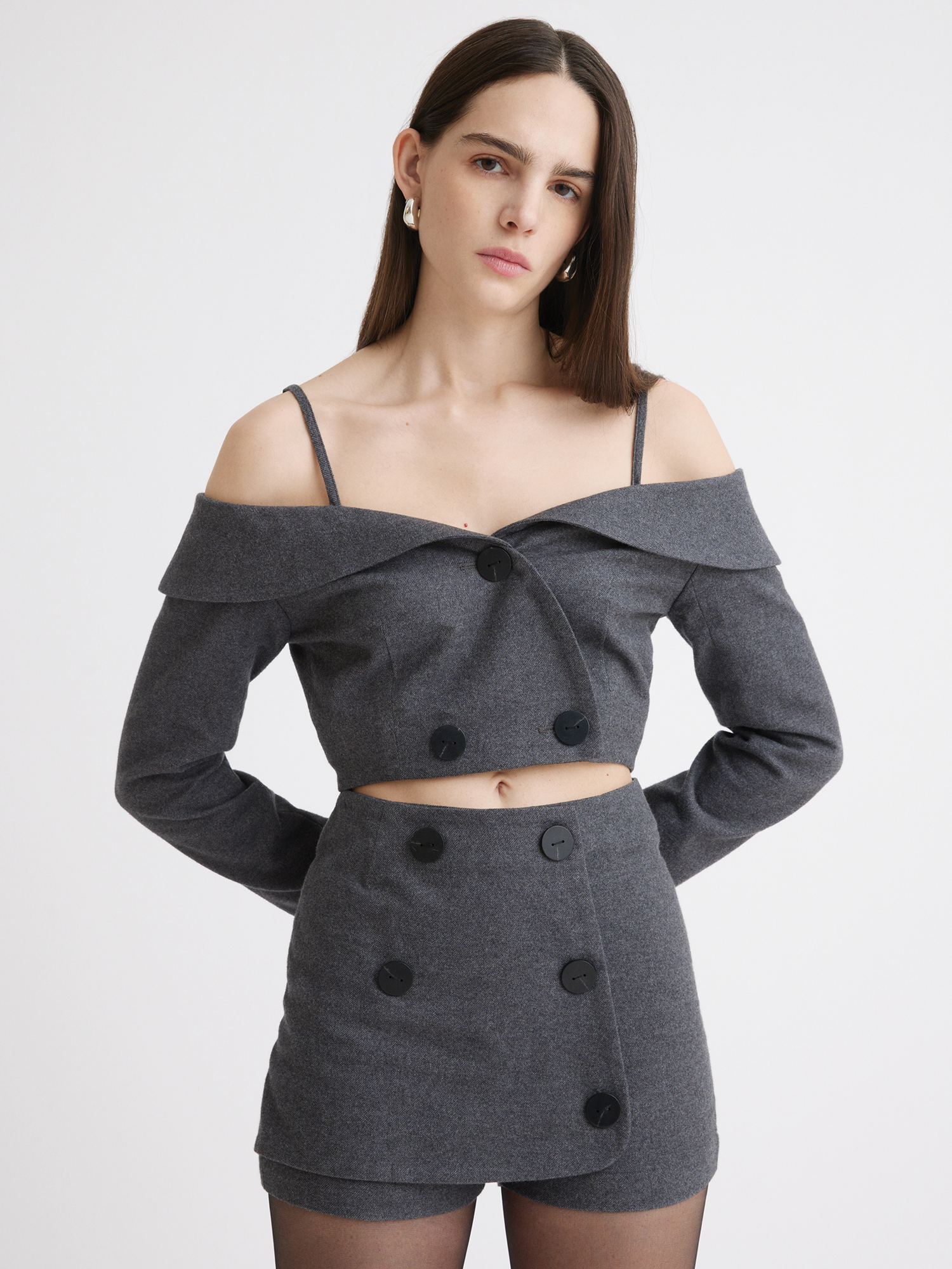 Off Shoulder Double-Breasted Charcoal Flannel Top