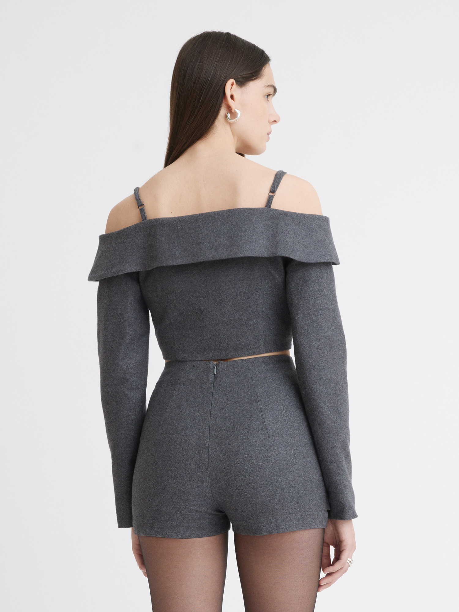 Off Shoulder Double-Breasted Charcoal Flannel Top