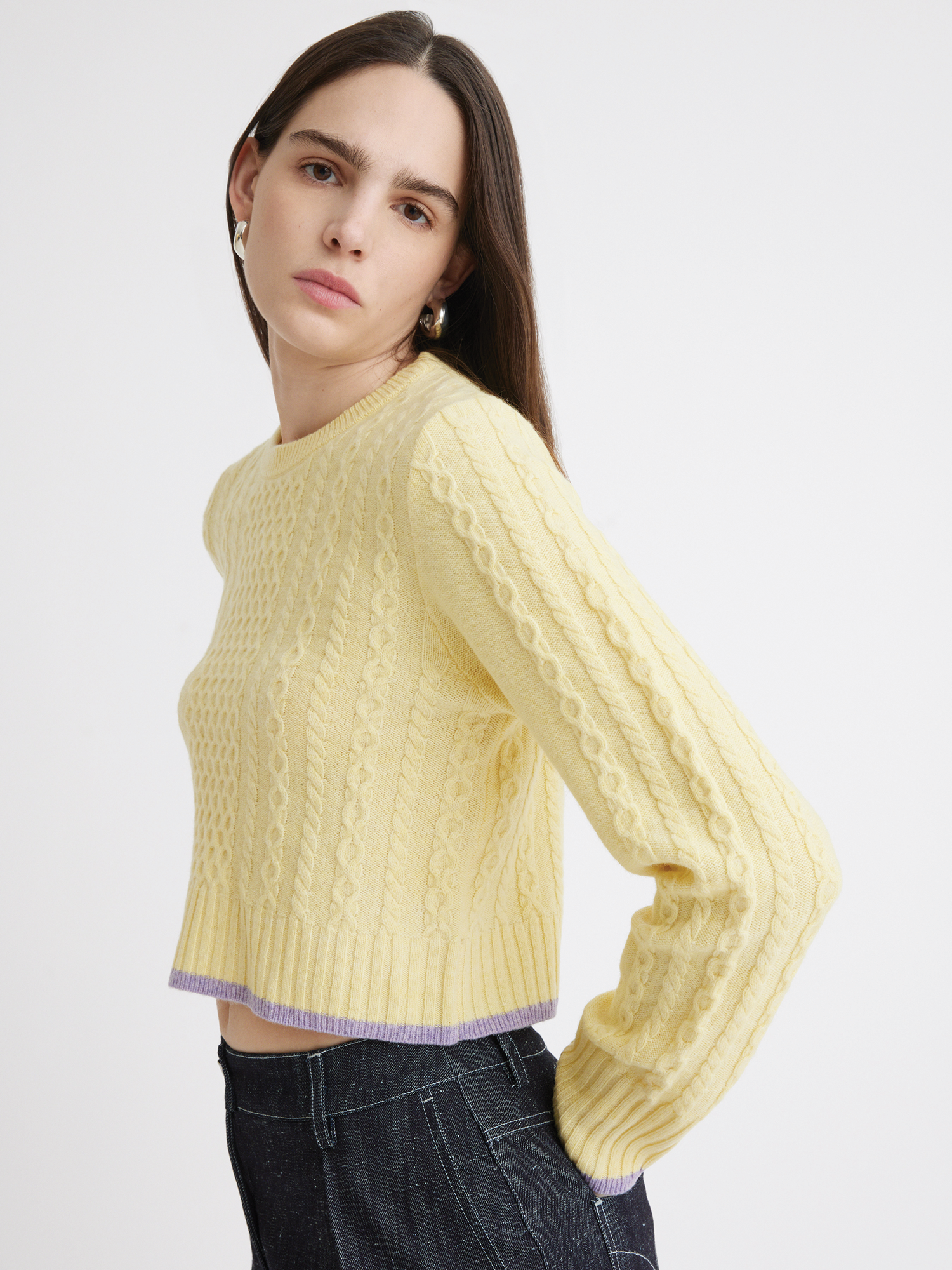 Cable Knit Yellow Crew Neck Sweater