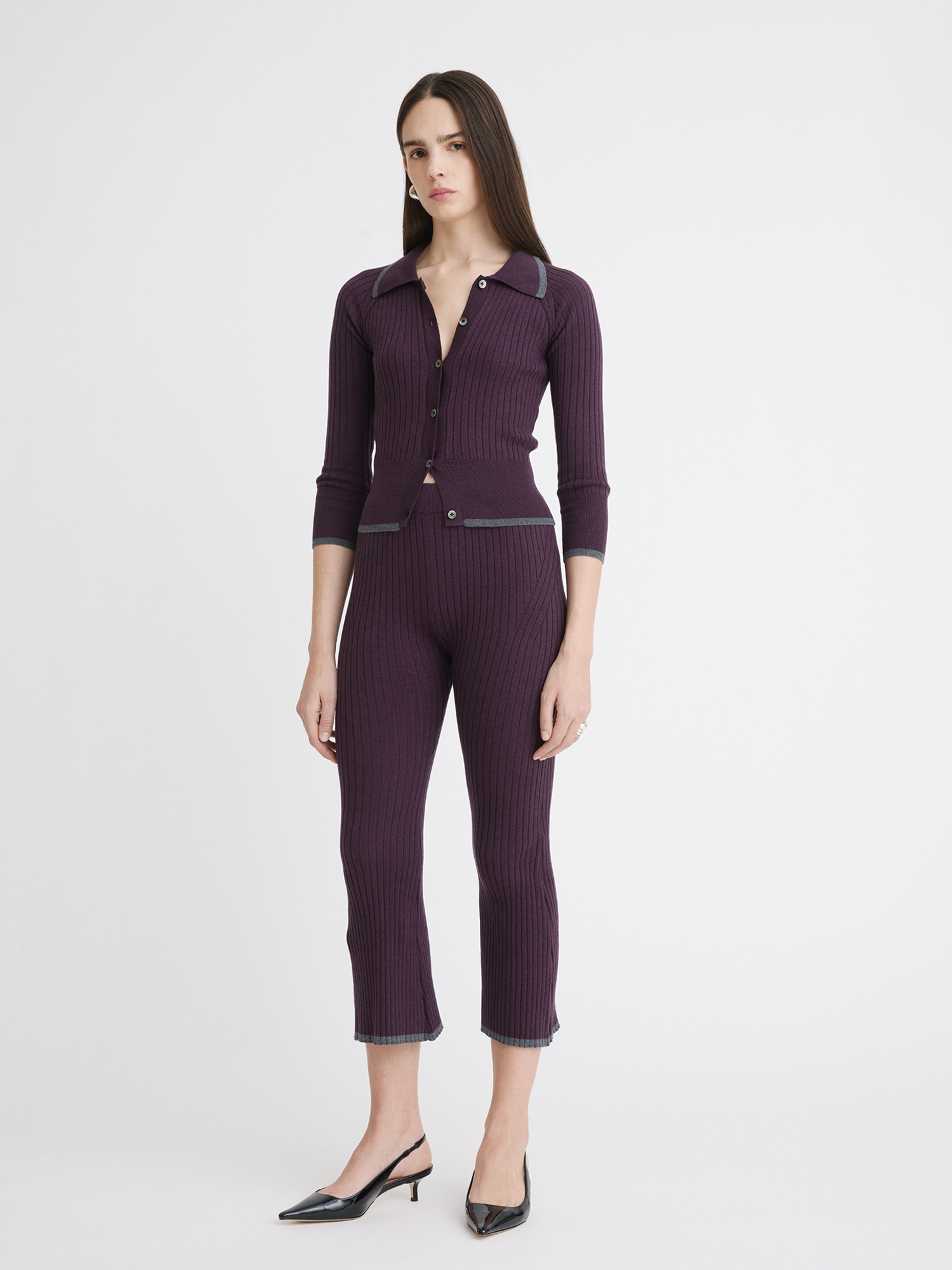 Rib Knit Eggplant Flare Pant