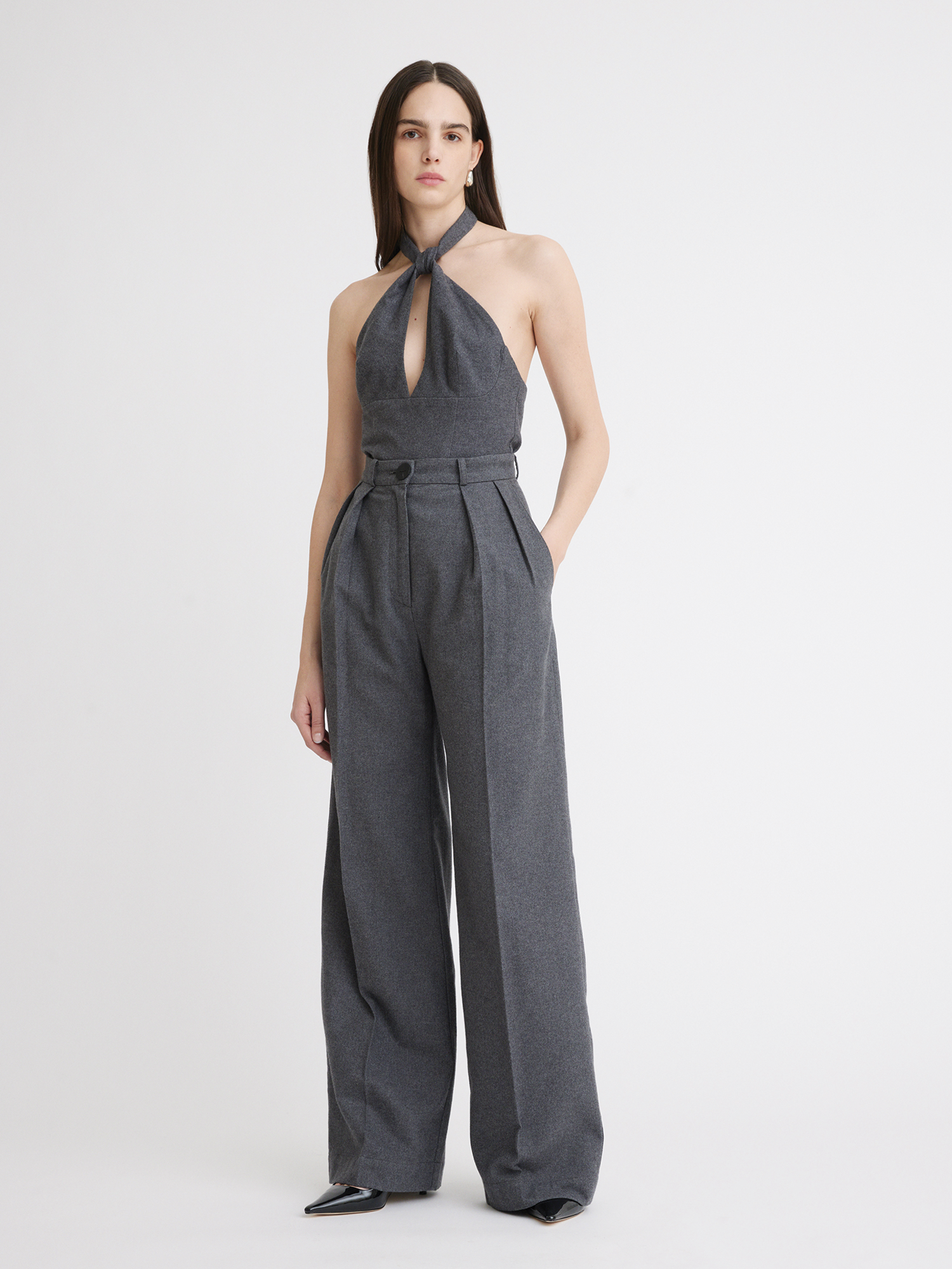 Button Pleated Charcoal Flannel Trouser