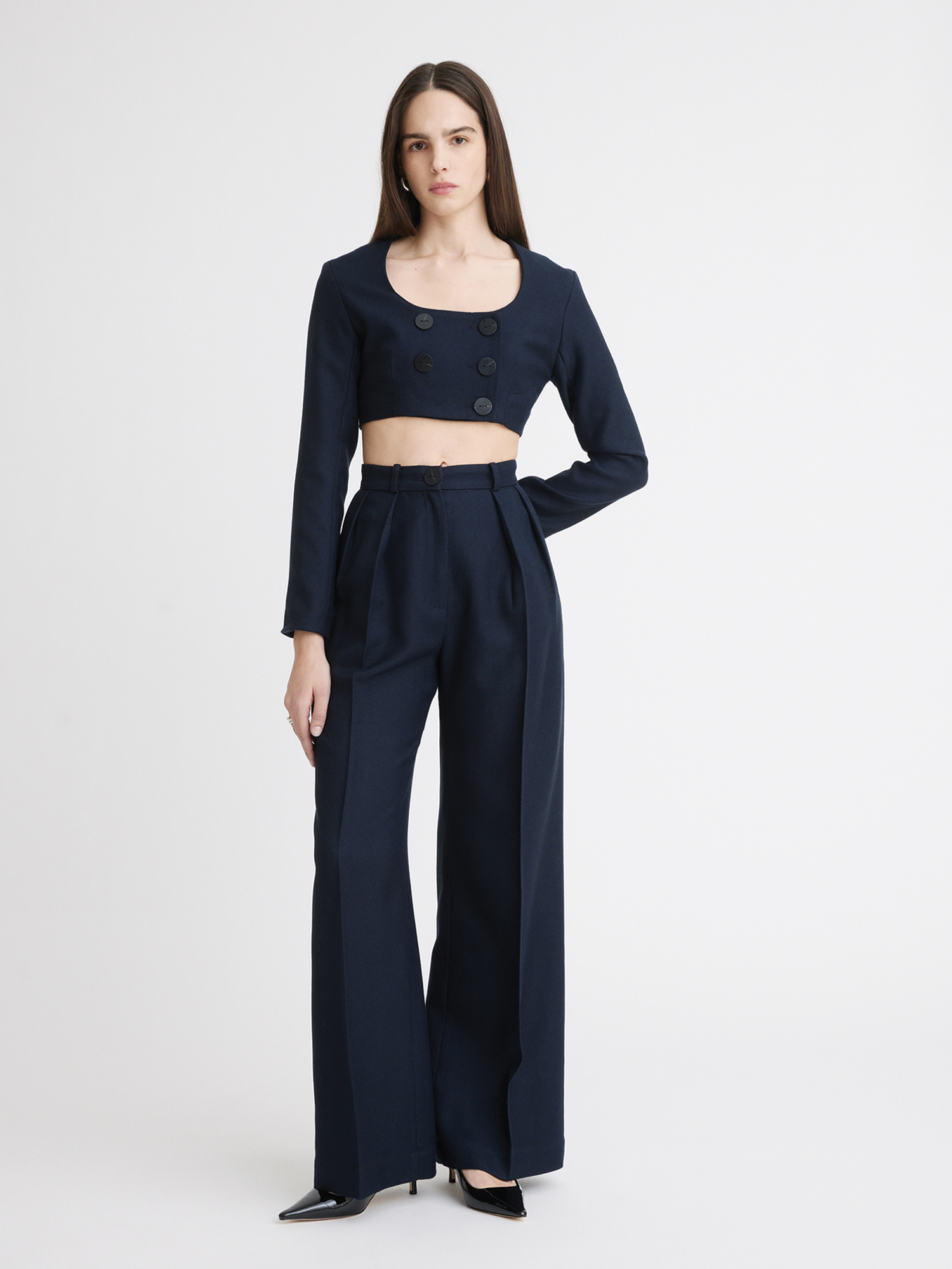 Button Pleated Navy Wool Twill Trouser