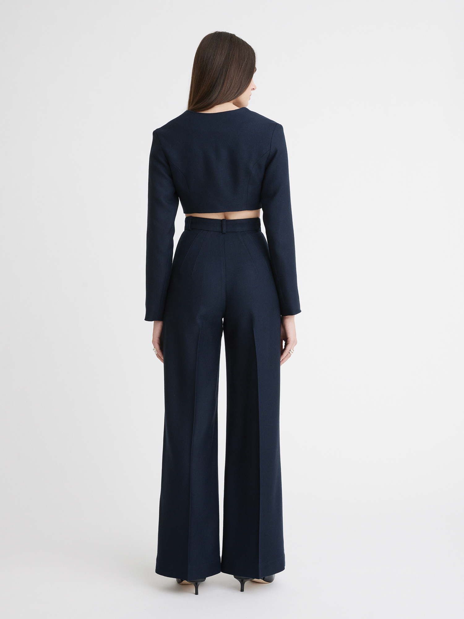 Button Pleated Navy Wool Twill Trouser