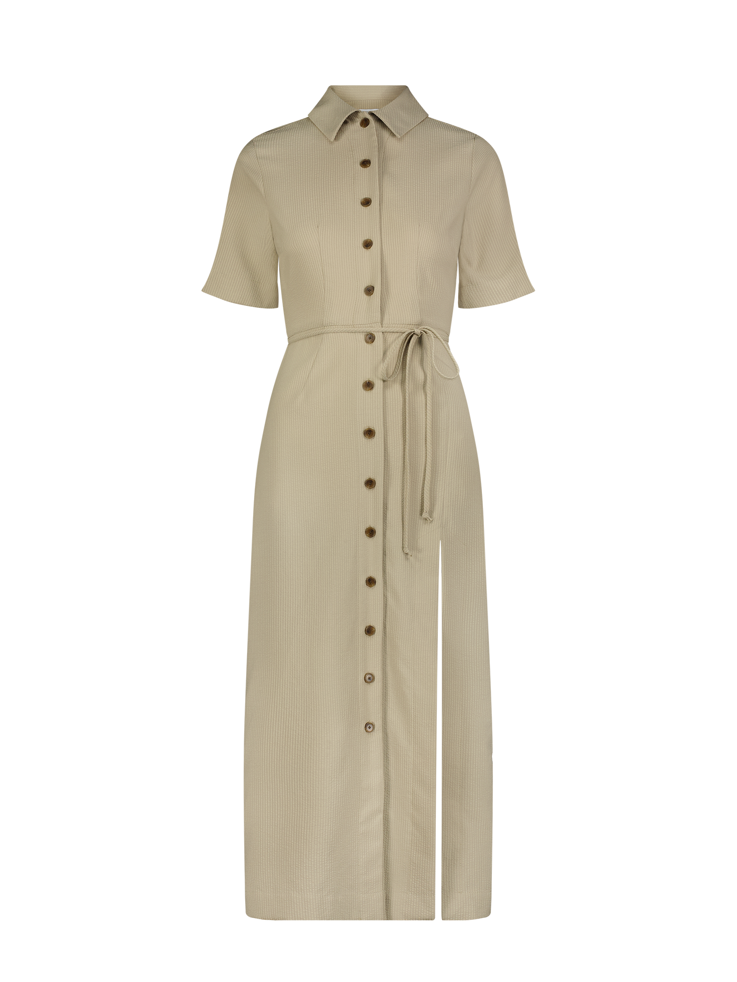 Button Up Midi Taupe Seersucker Shirt Dress