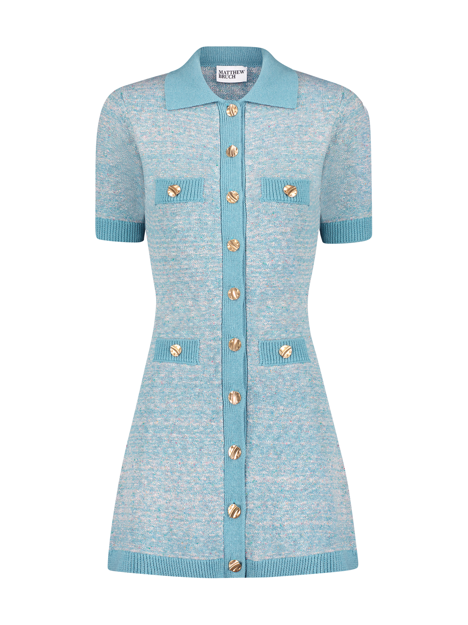 Seafoam Tweed Knit Collared Button Up Mini Dress