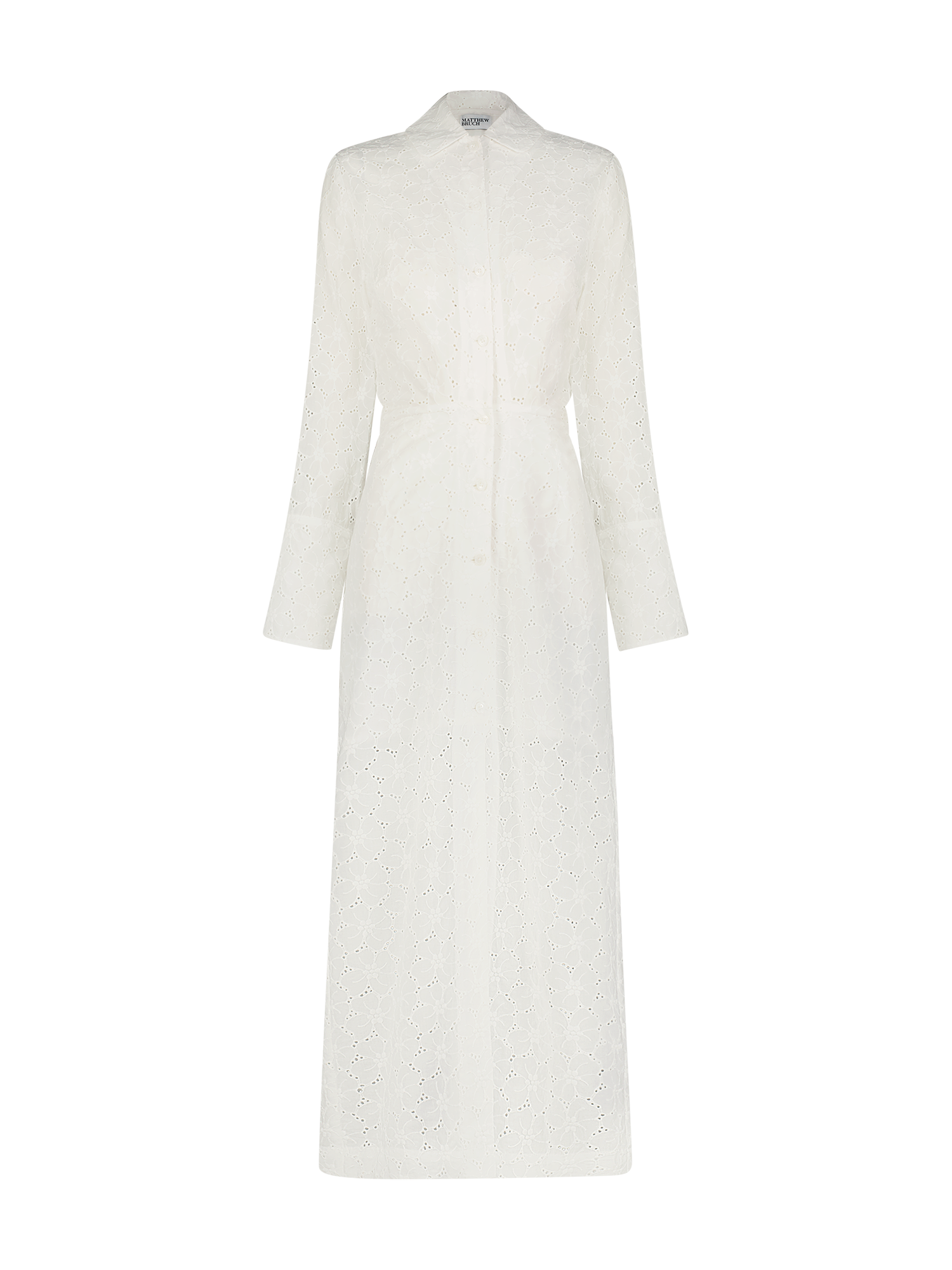 Blouson Long Sleeve White Eyelet Midi Shirt Dress