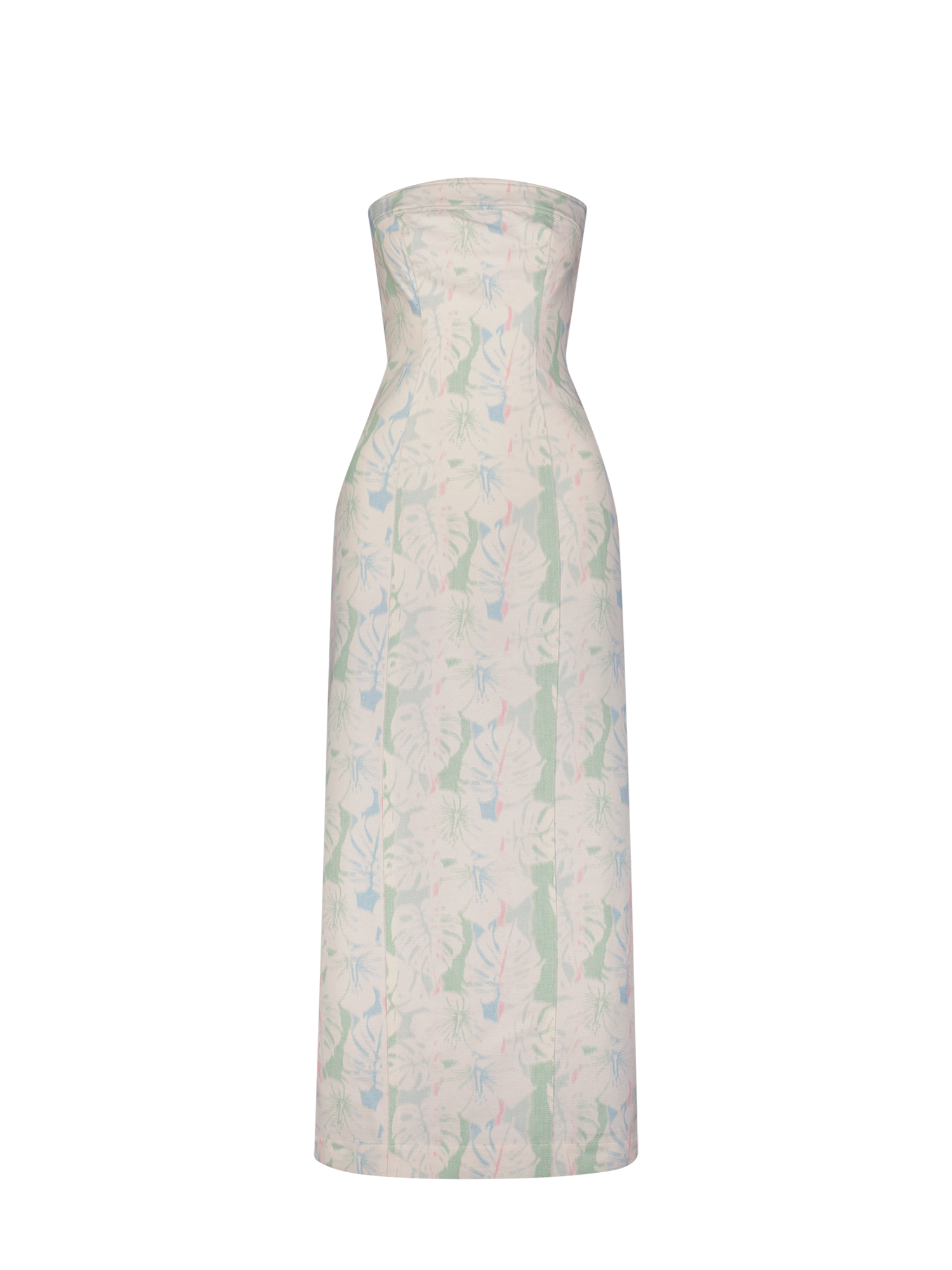 Strapless Tropical Printed Denim Midi Dress
