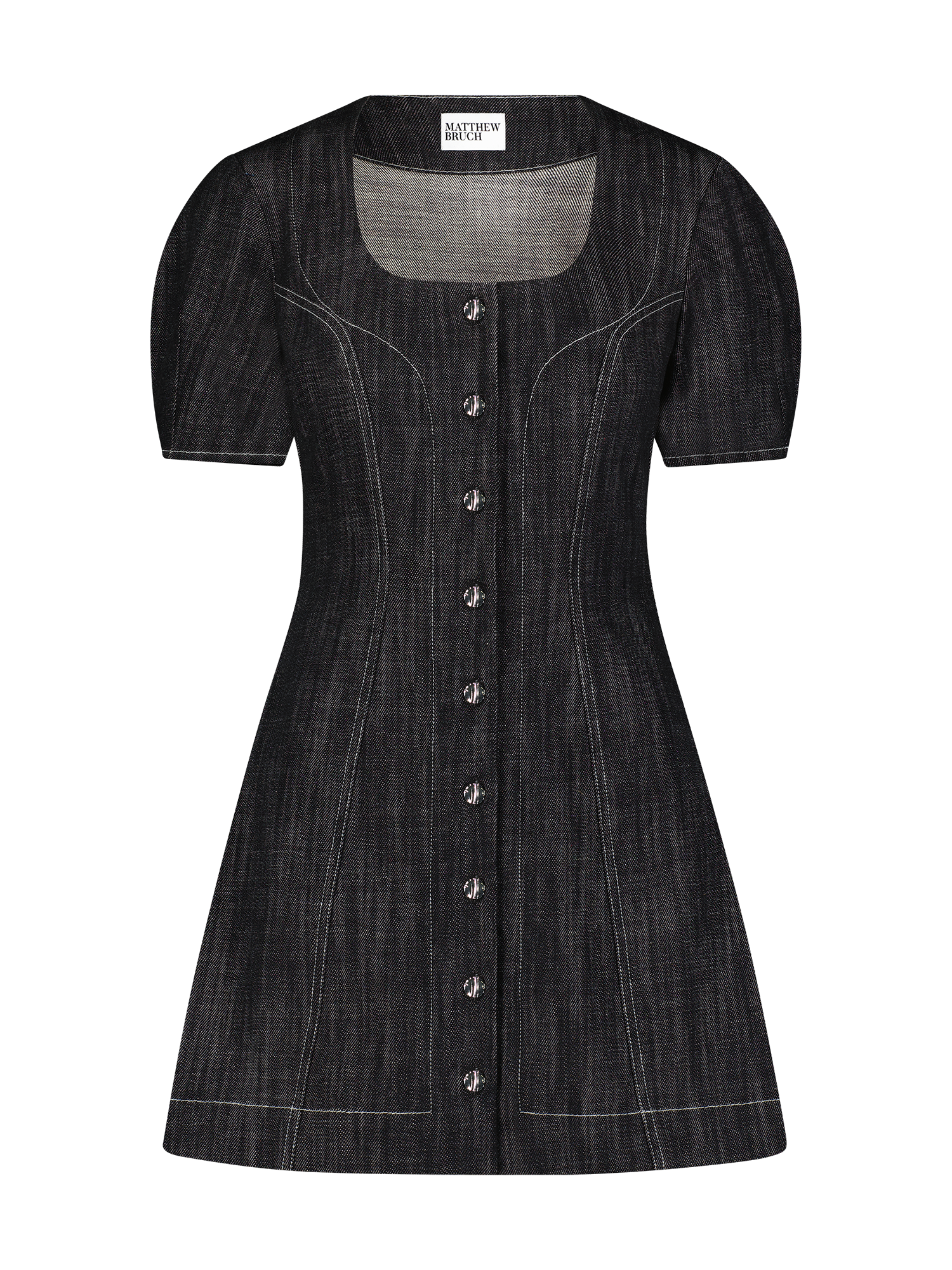 Apron Puff Sleeve Black Denim Mini Dress