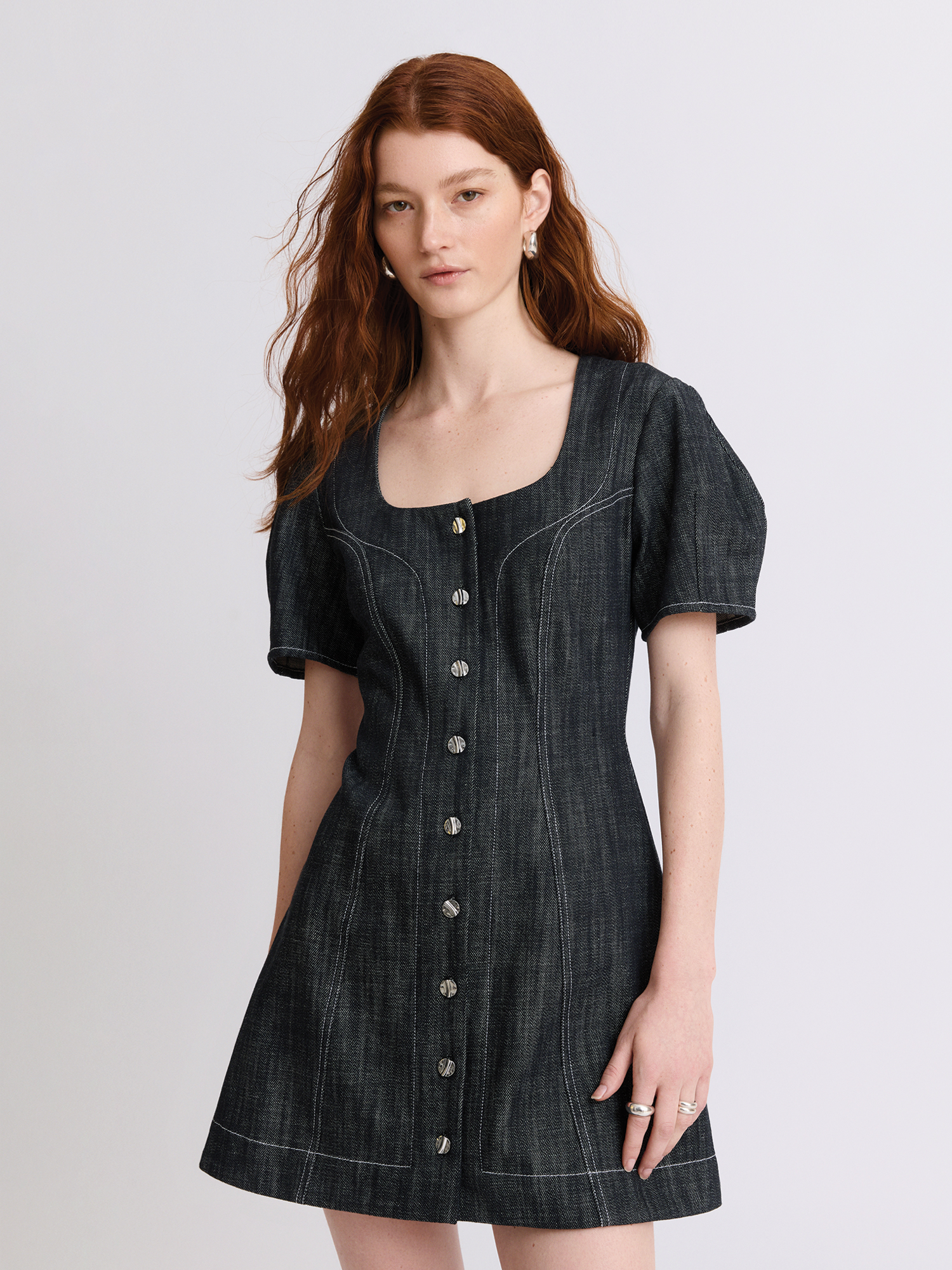 Apron Puff Sleeve Black Denim Mini Dress Black Denim / 4 Apron Puff Sleeve Black Denim Mini Dress Black Denim / 4