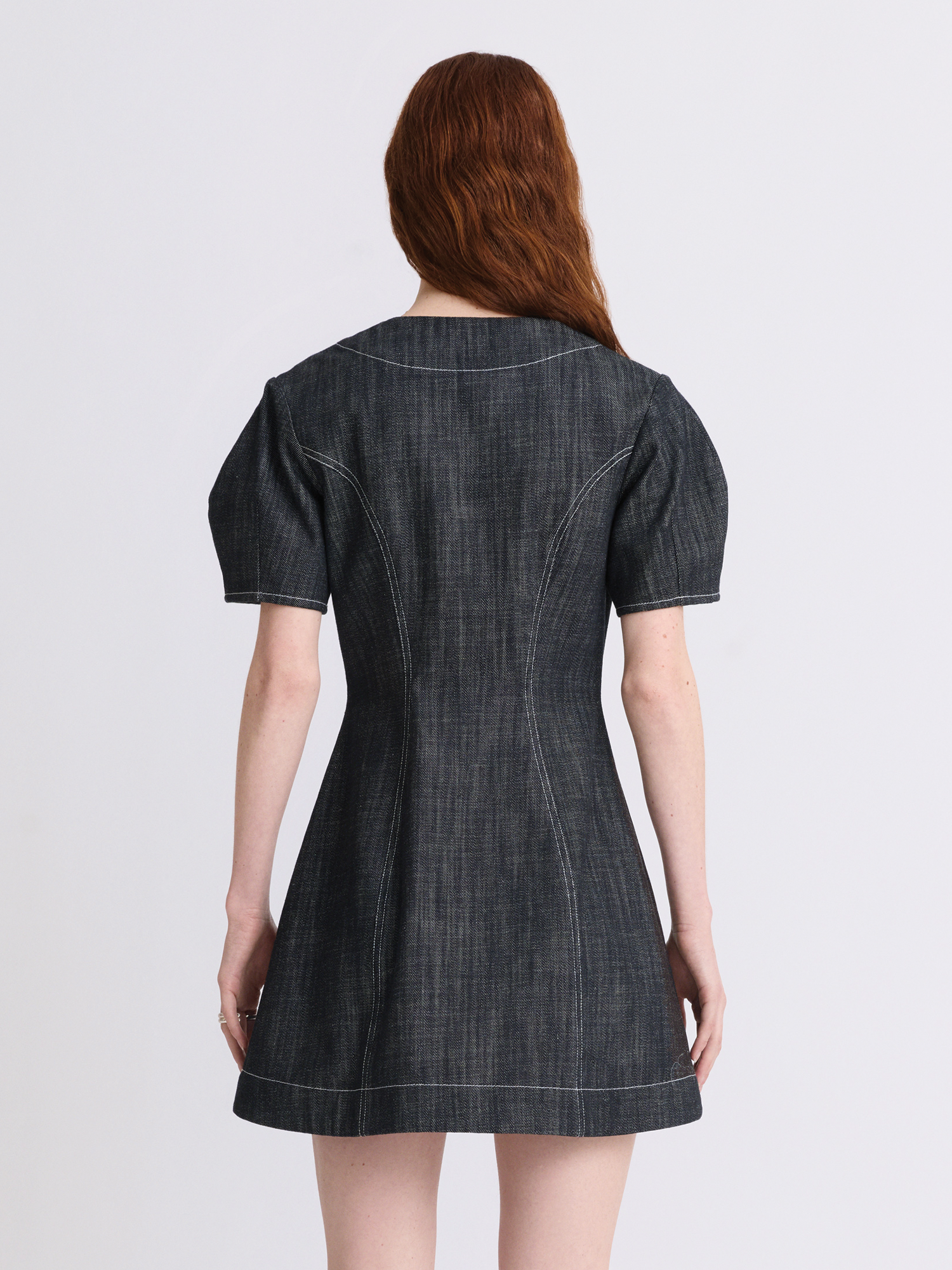 black denim puff sleeve dress Dark blue denim puff sleeve short dress