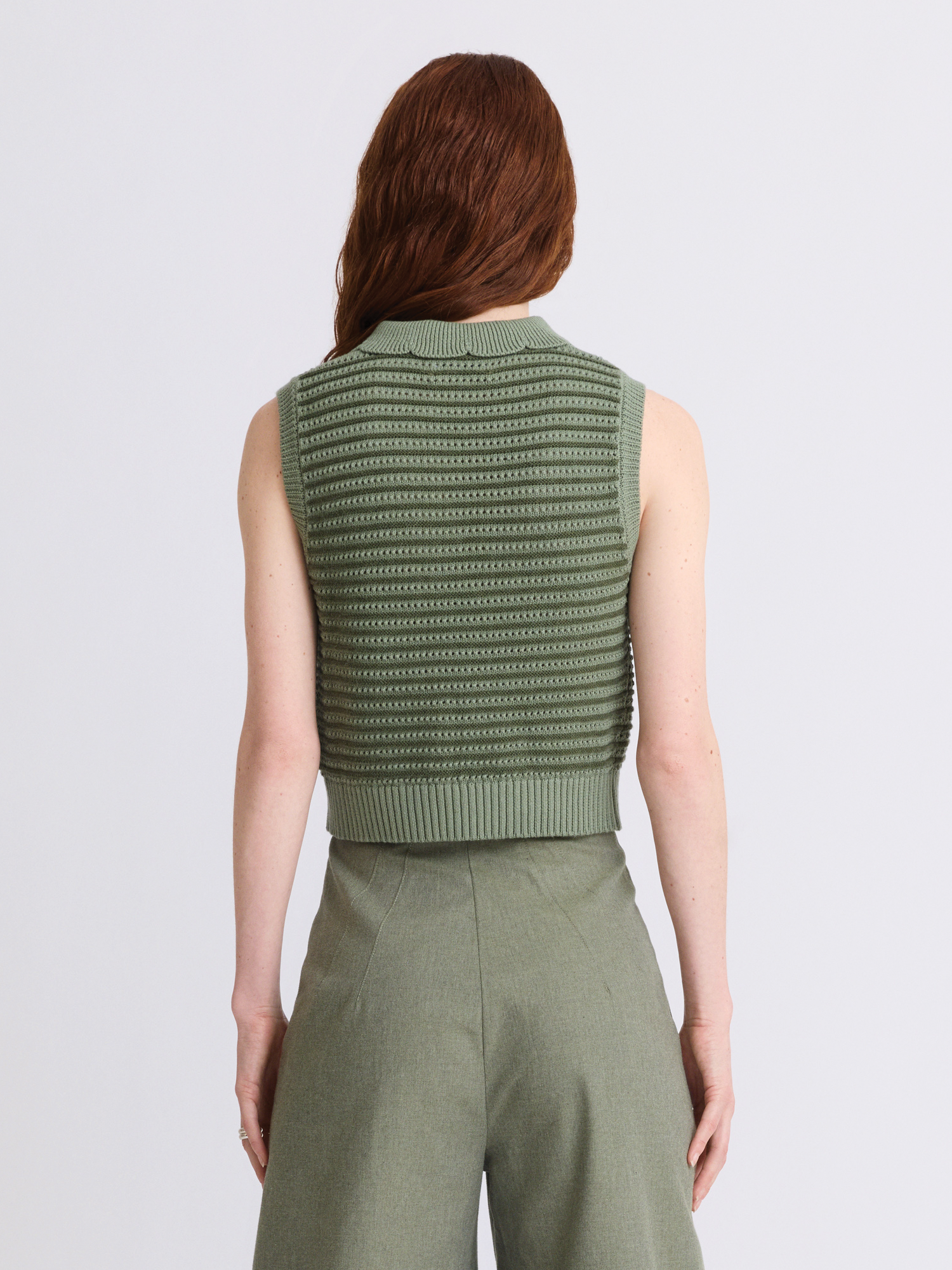 Striped Mesh Collared Sage Tank