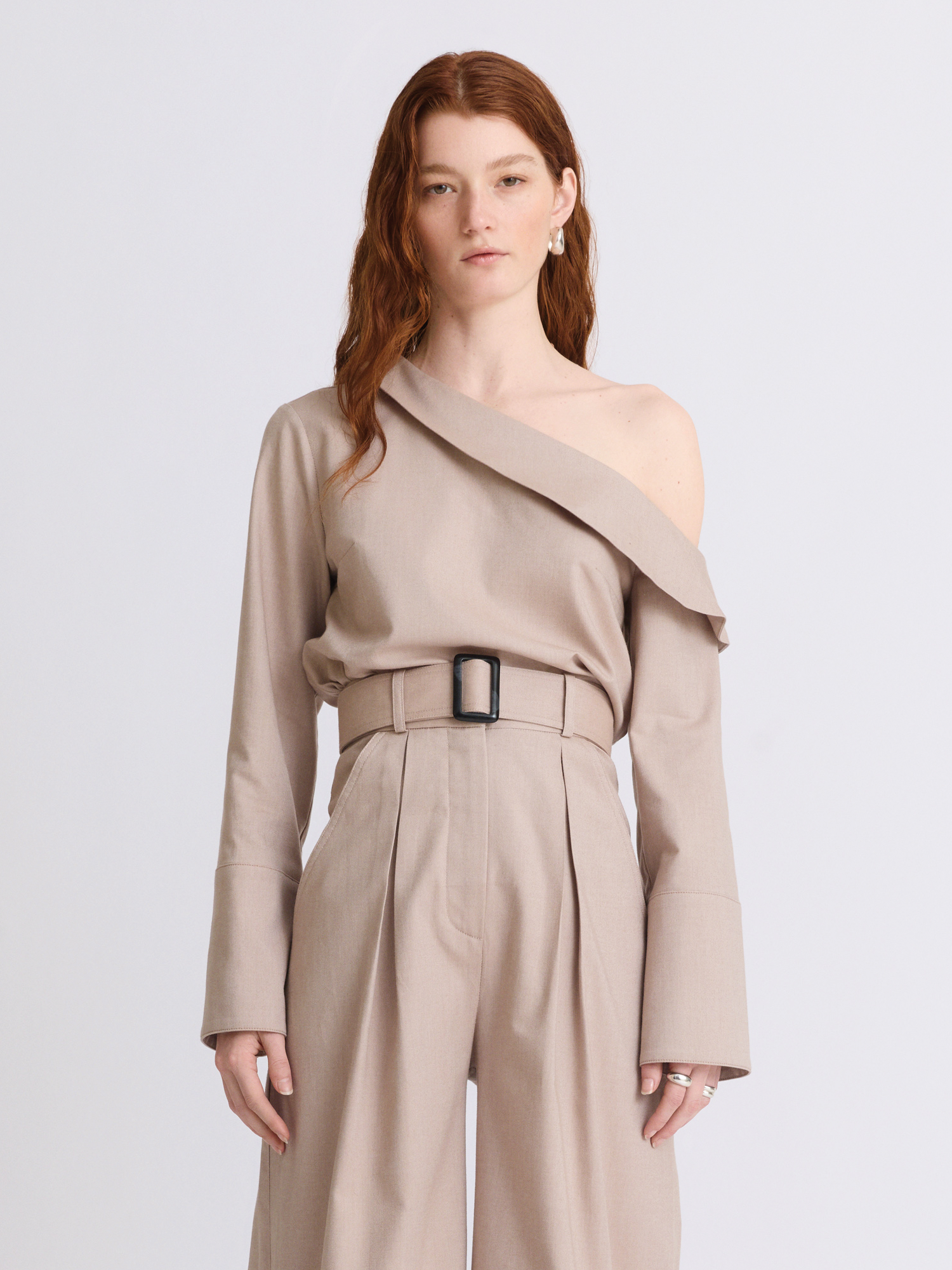 Draped Camel Flannel Long Sleeve Blouse