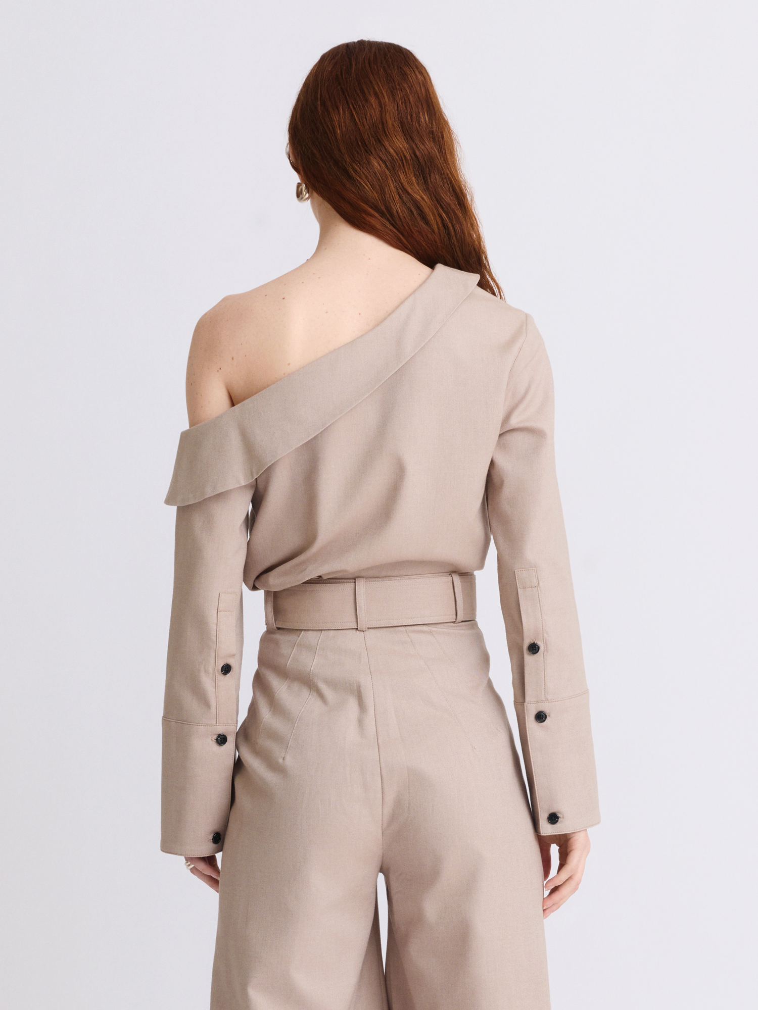 Draped Camel Flannel Long Sleeve Blouse