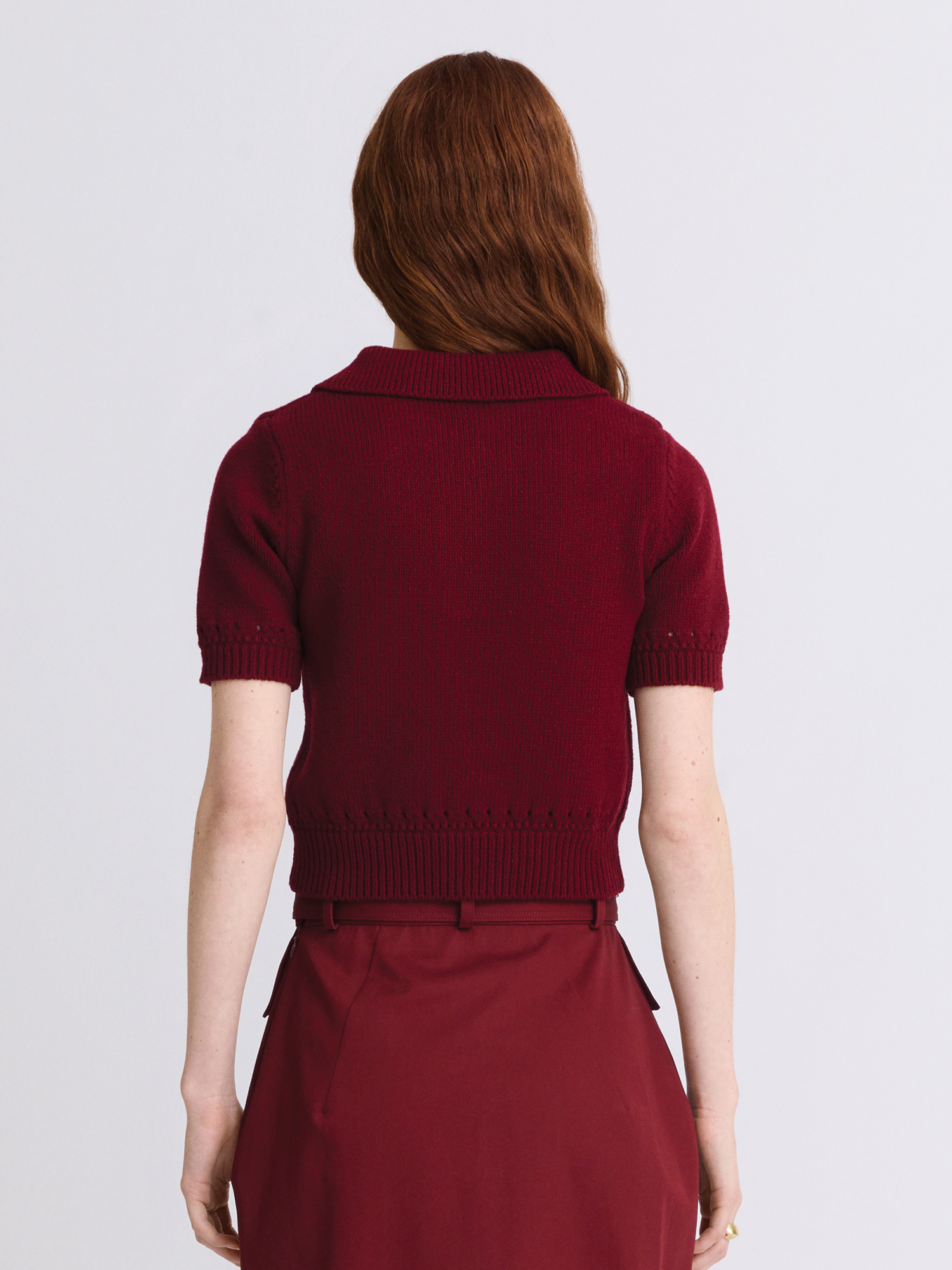 Eyelet Trim Burgundy Polo Top
