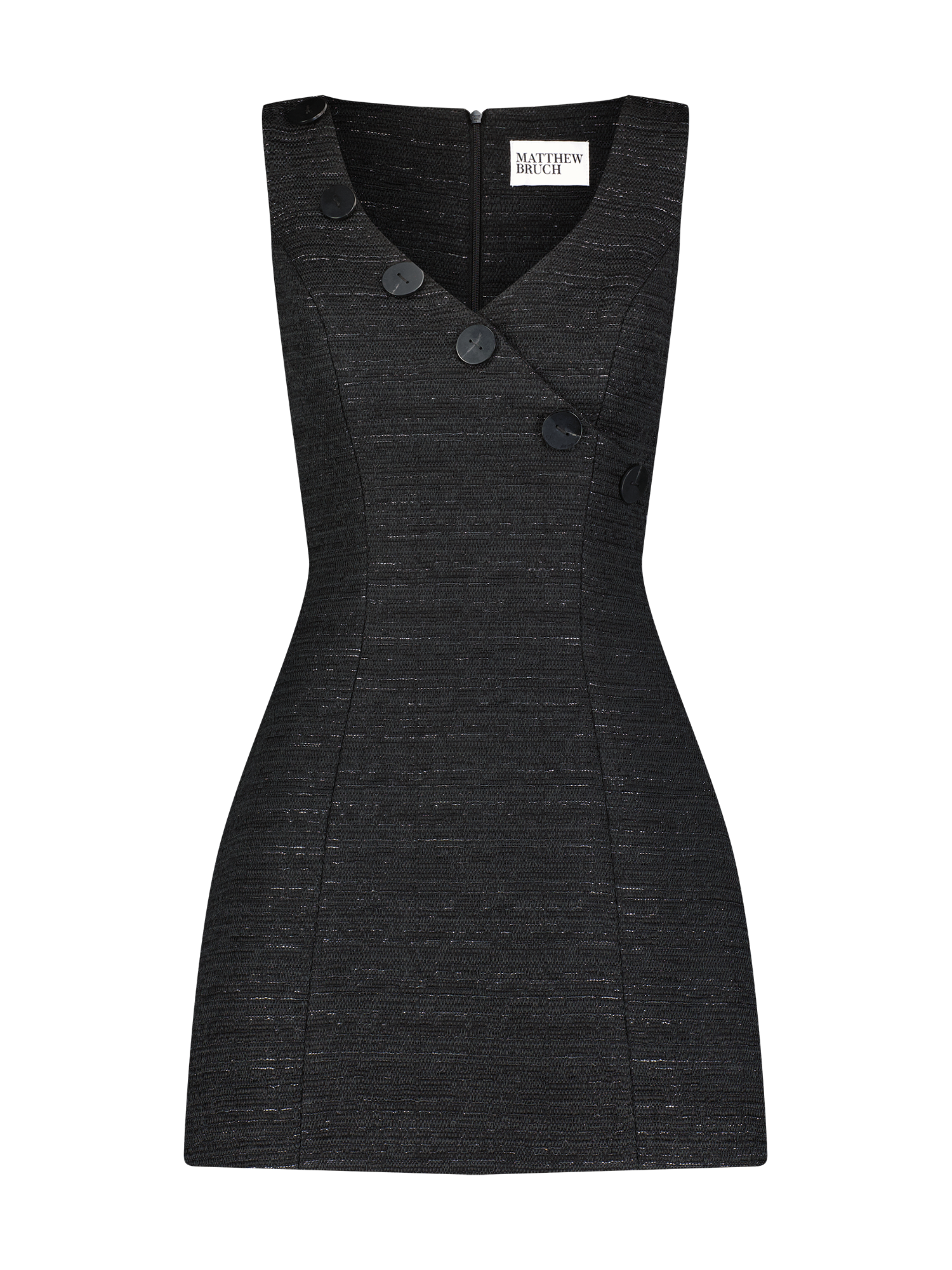 V-Neck Wrap Button Black Tweed Mini Dress