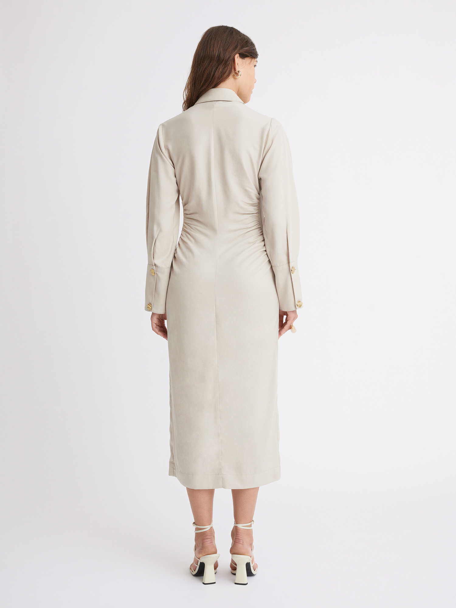 Shirred Long Sleeve Bone Tencel Midi Shirt Dress