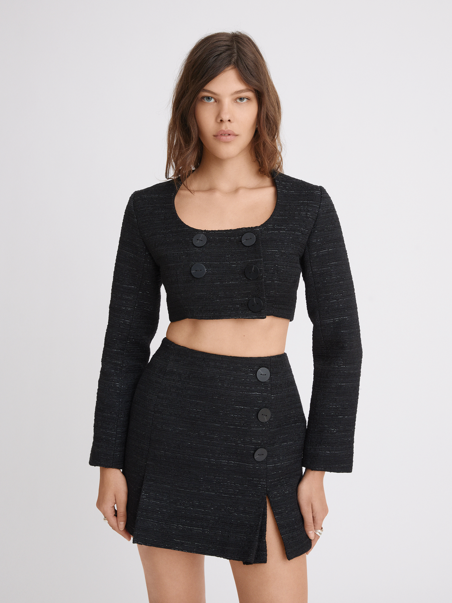 Button Kick Pleat Black Tweed Mini Skirt