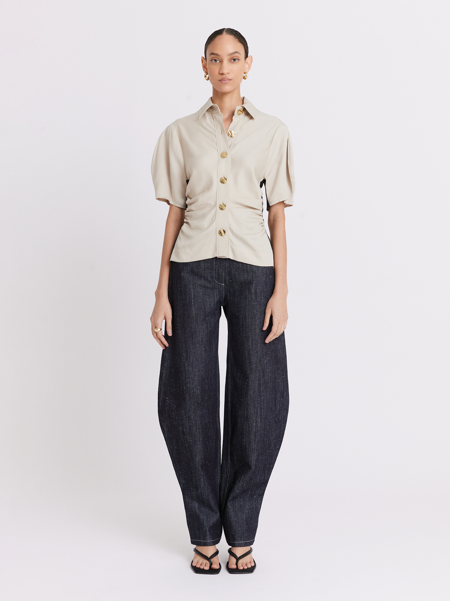 Shirred Puff Sleeve Bone Tencel Button Down