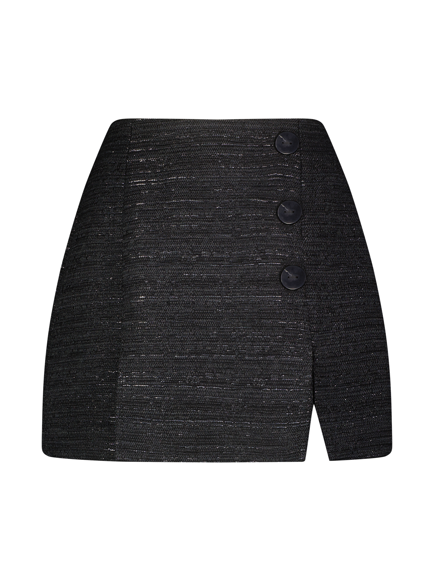 Button Kick Pleat Black Tweed Mini Skirt