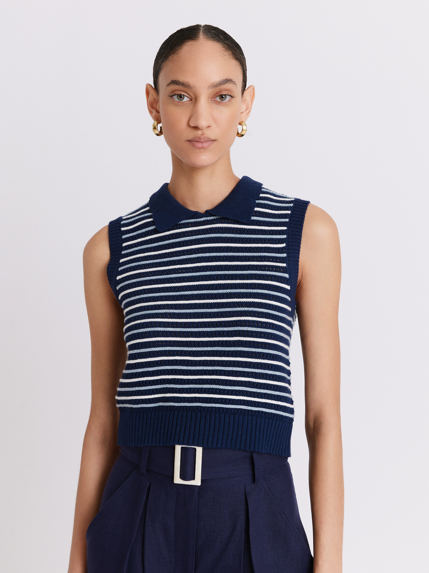 Striped Mesh Collared Navy Tank Top