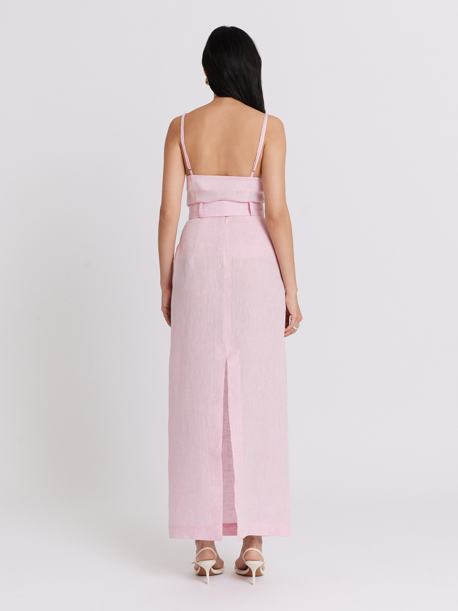 Belted Pink Linen Maxi Pencil Skirt