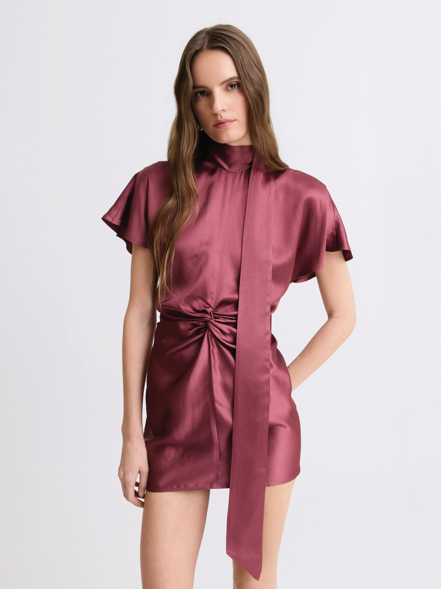 Twist Scarf Merlot Satin Mini Dress