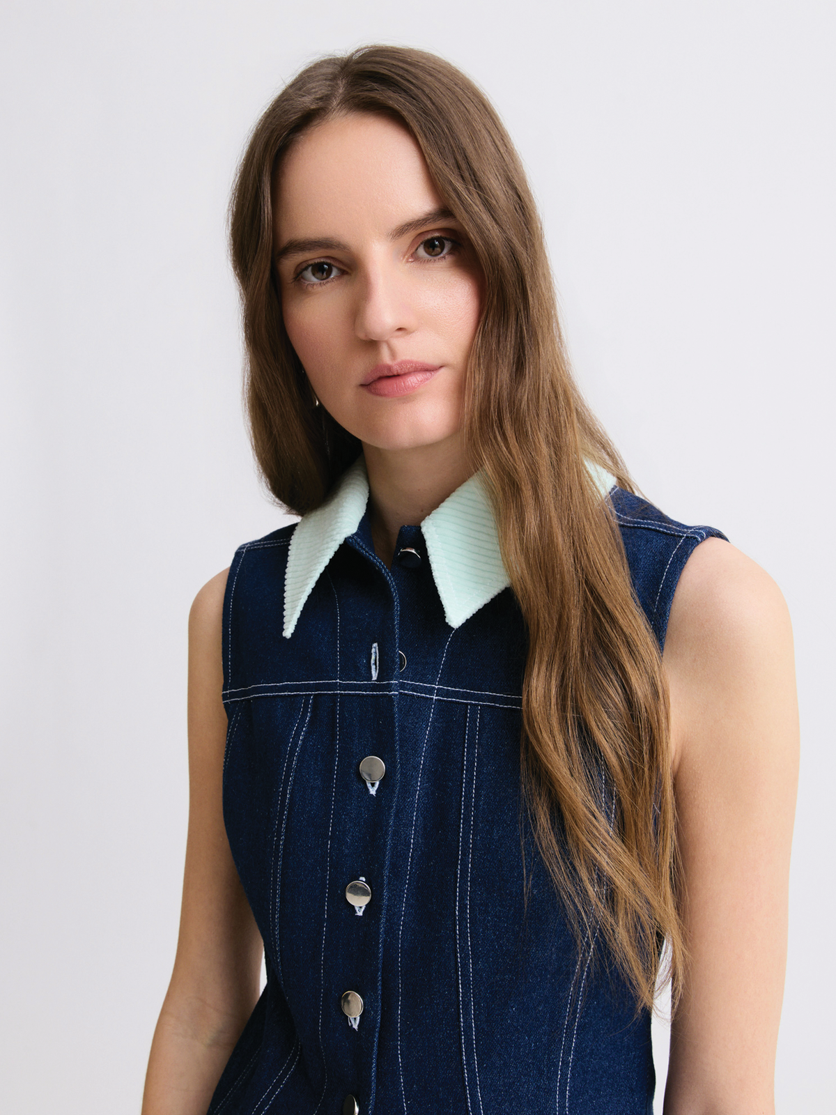 Collared Button Down Medium Wash Vest