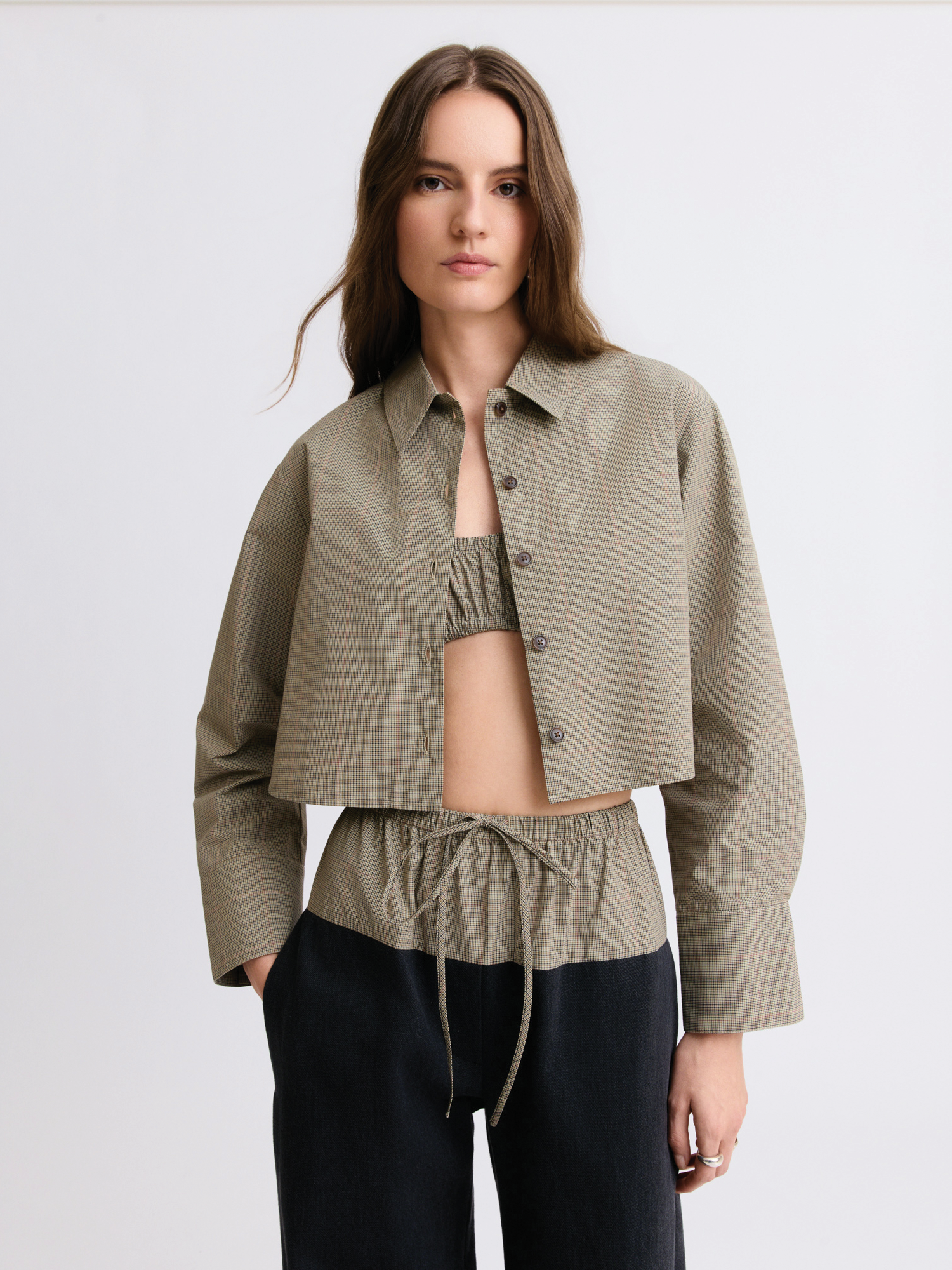 Cropped Oversized Khaki Plaid Button Down