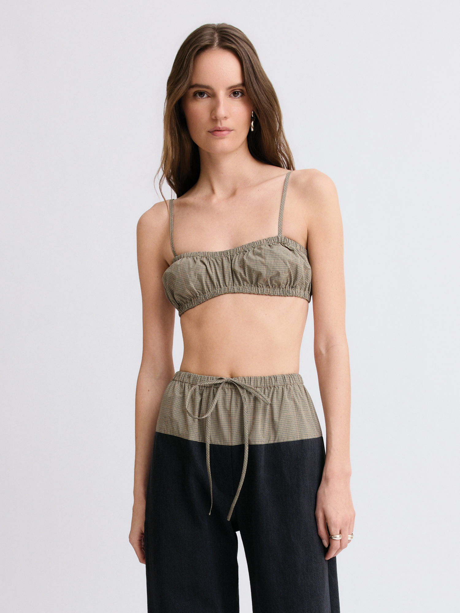 Bubble Bandeau Khaki Plaid Crop Top