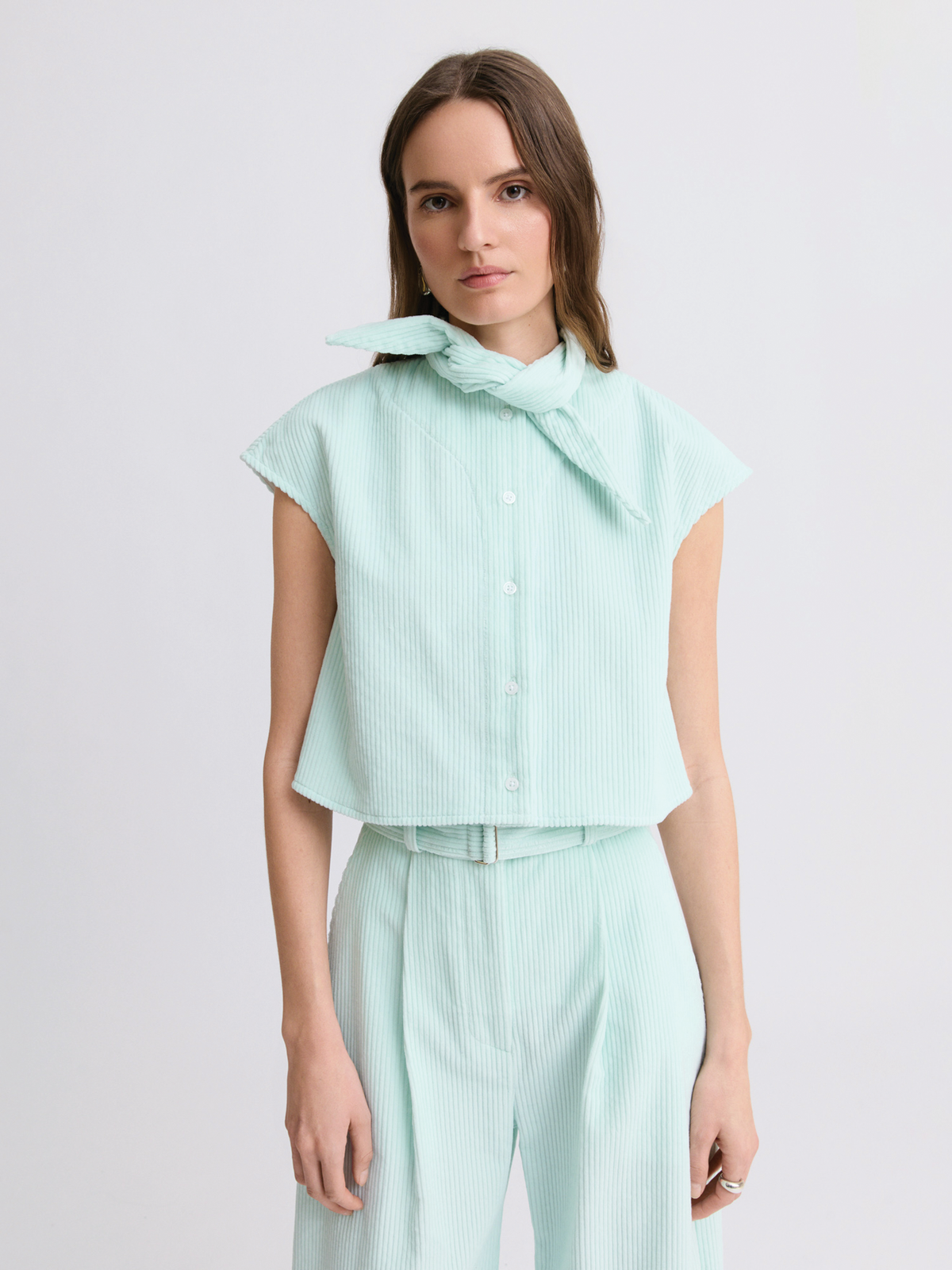 Tie Neck Aqua Corduroy Button Up
